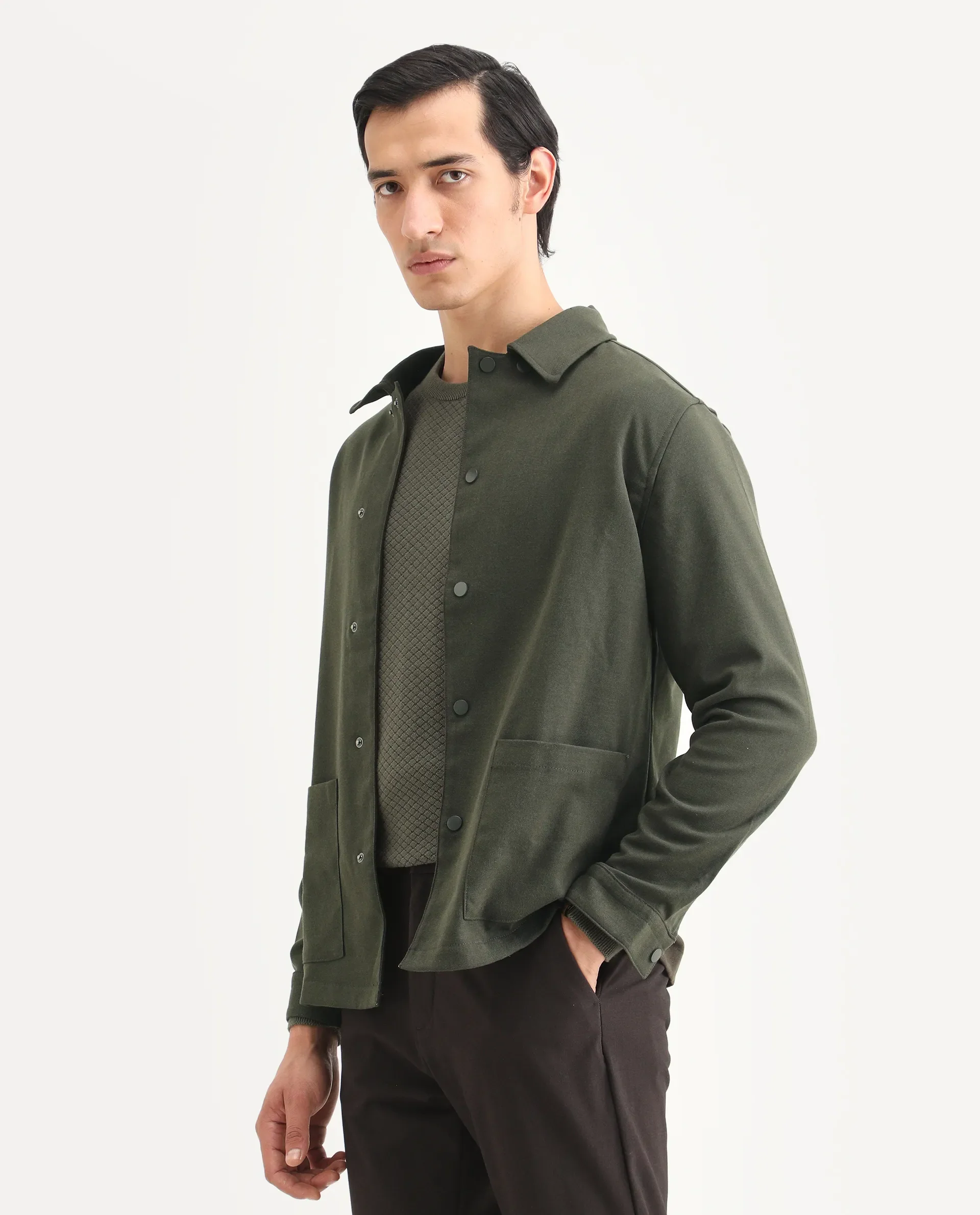 Rare Rabbit Men's Brant Olive Rayon Plain Relaxed Fit Full Sleeve Collared Shacket - Image 5