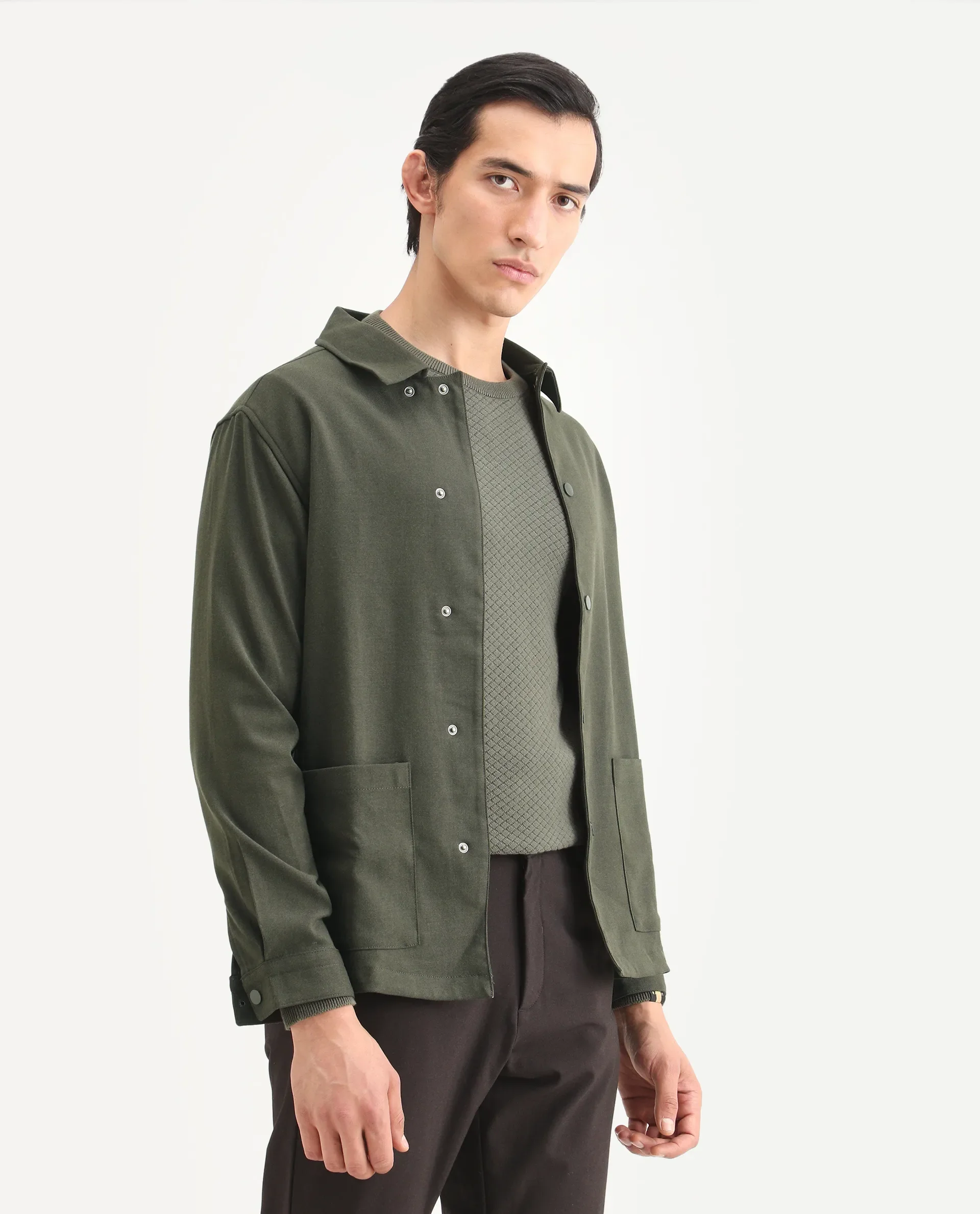 Rare Rabbit Men's Brant Olive Rayon Plain Relaxed Fit Full Sleeve Collared Shacket - Image 6