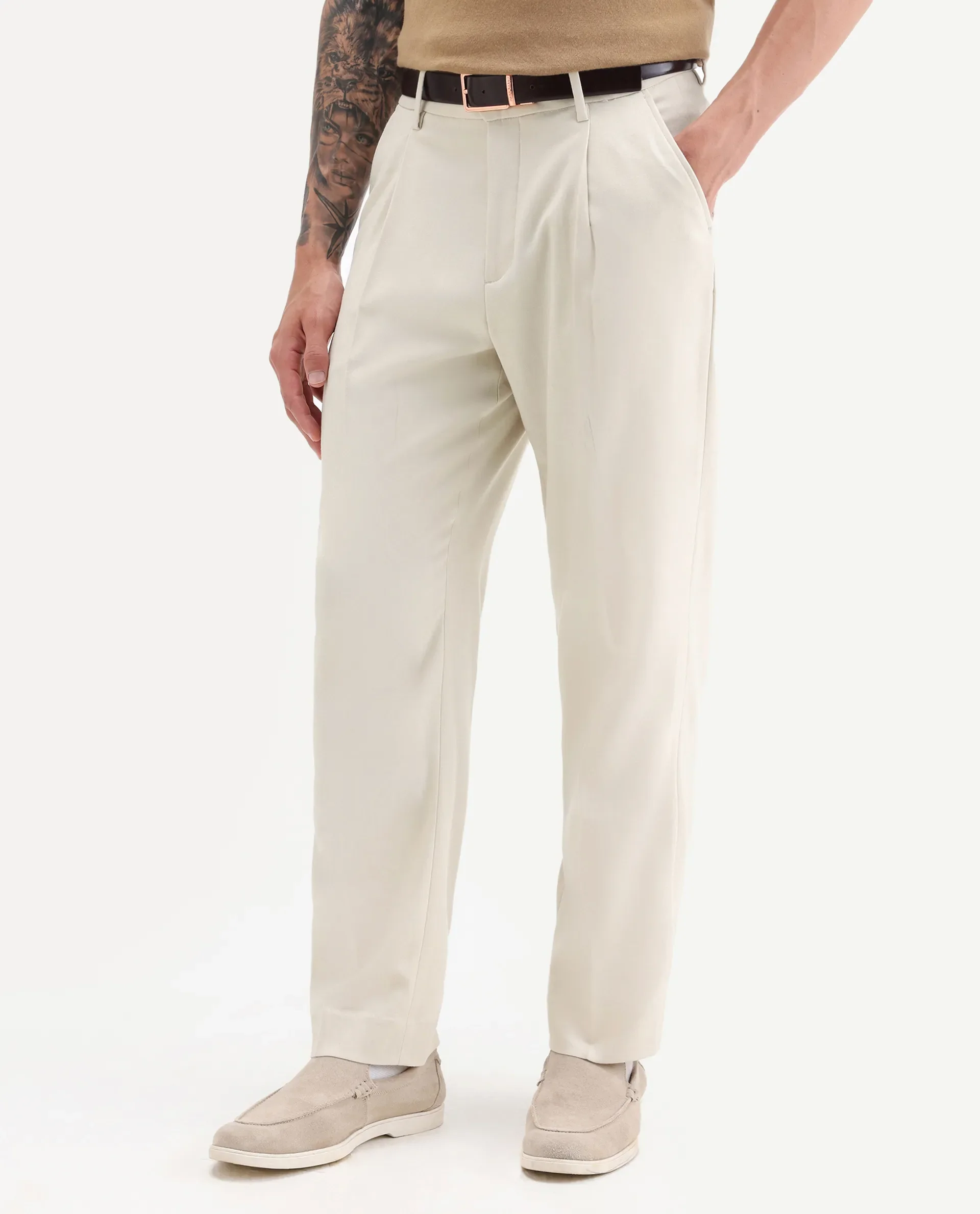 Rare Rabbit Men's Branter Off White Polyester Plain Relaxed Fit Trouser - Image 2