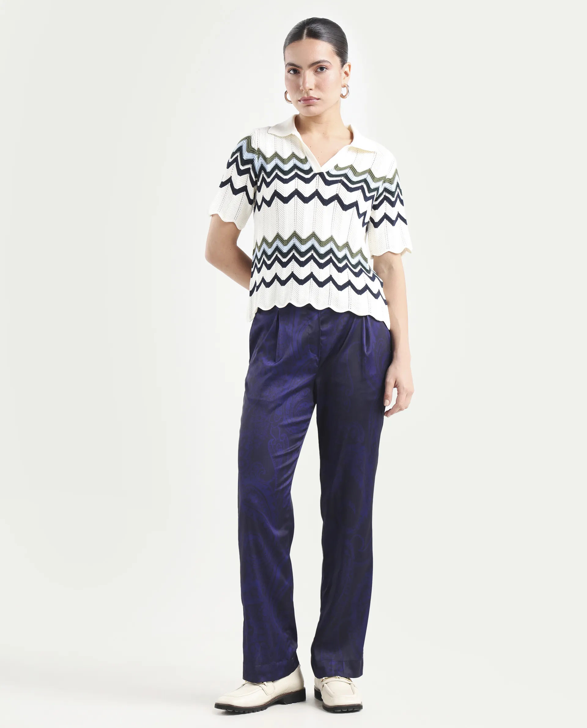 Rareism Women's Braun Navy Polyester Abstract Print Ankle Length Tailored Trouser - Image 2