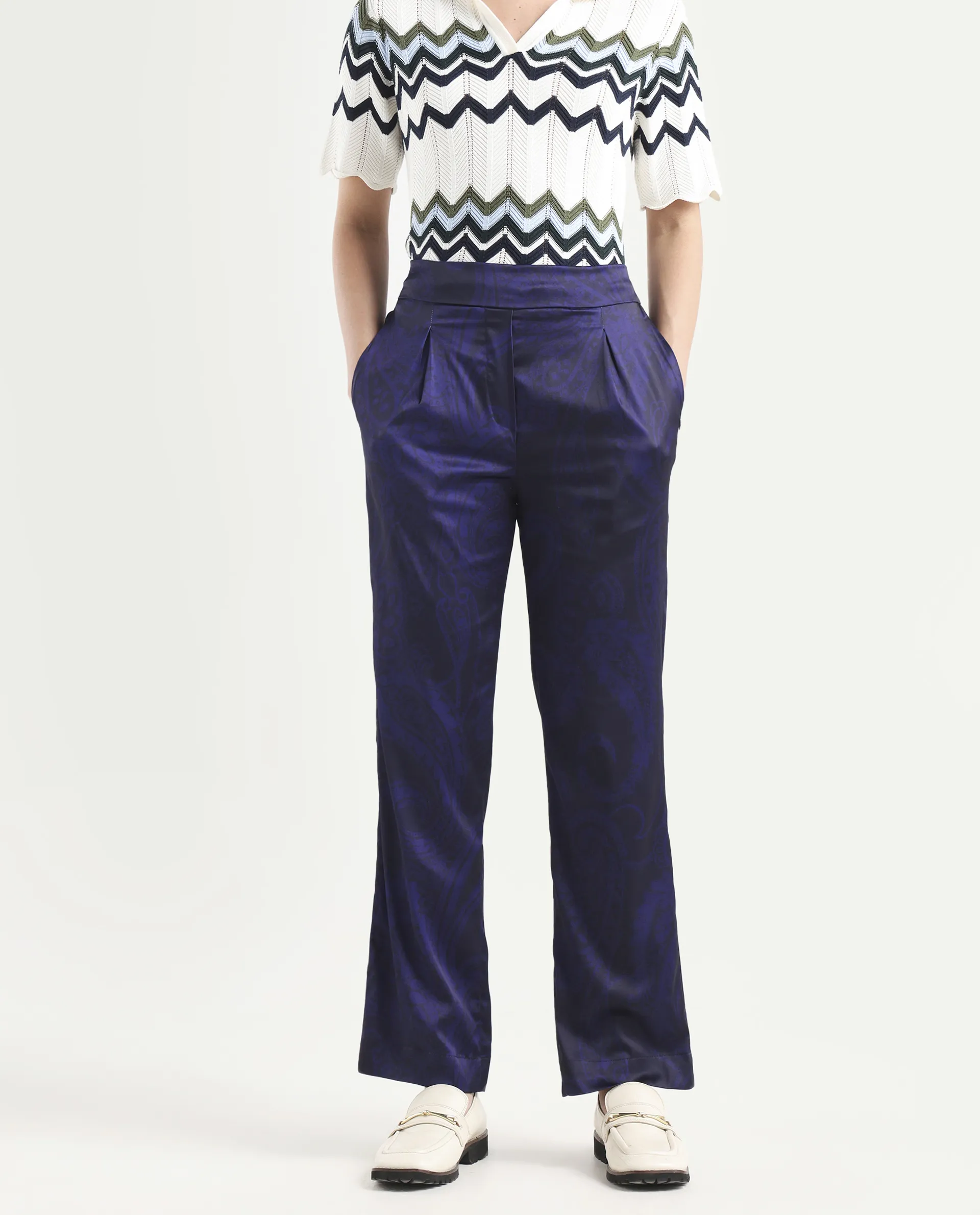 Rareism Women's Braun Navy Polyester Abstract Print Ankle Length Tailored Trouser - Image 3