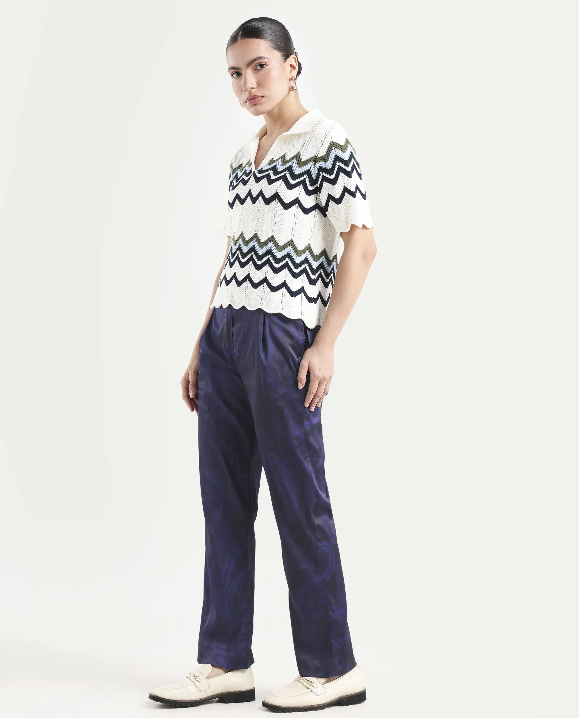 Rareism Women's Braun Navy Polyester Abstract Print Ankle Length Tailored Trouser - Image 5
