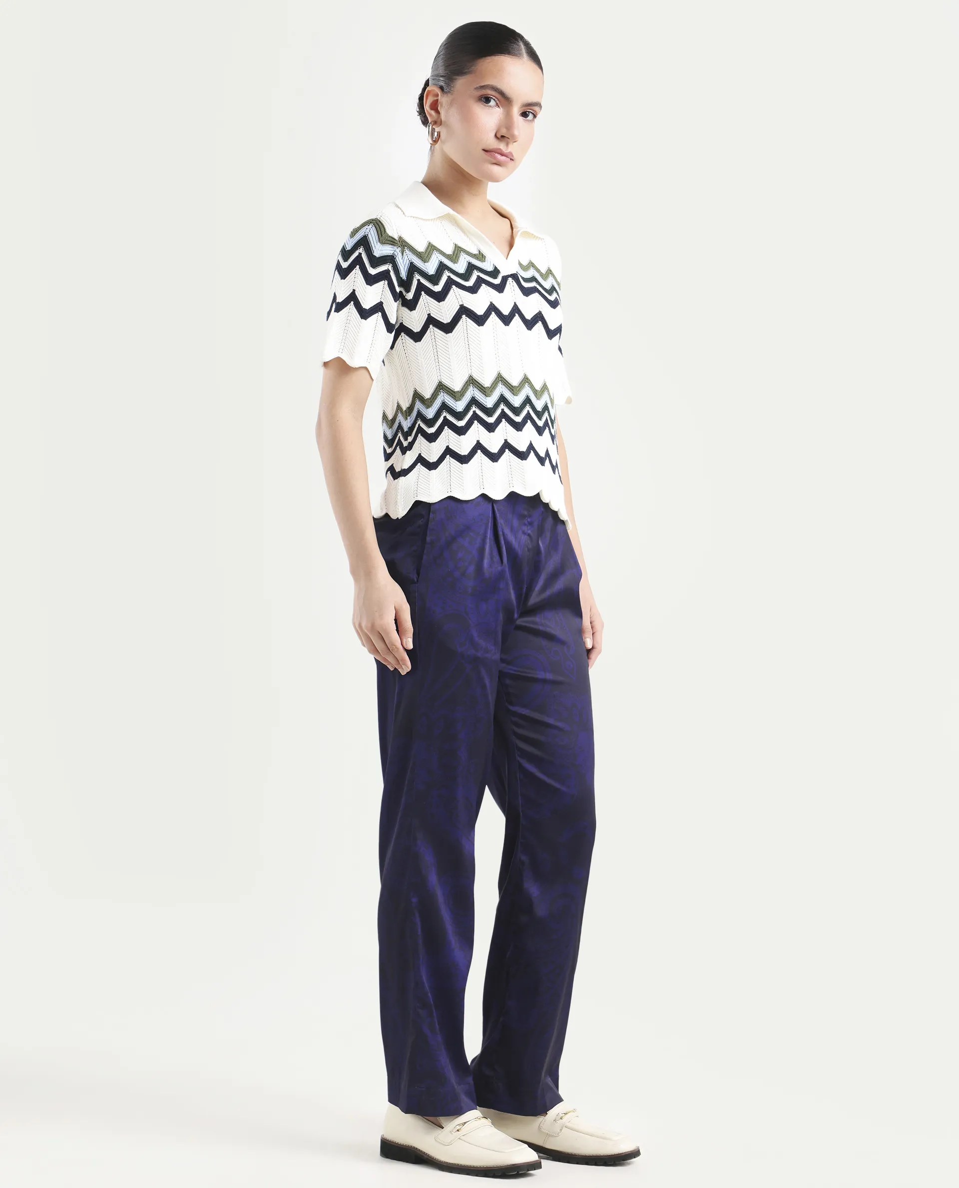 Rareism Women's Braun Navy Polyester Abstract Print Ankle Length Tailored Trouser - Image 6