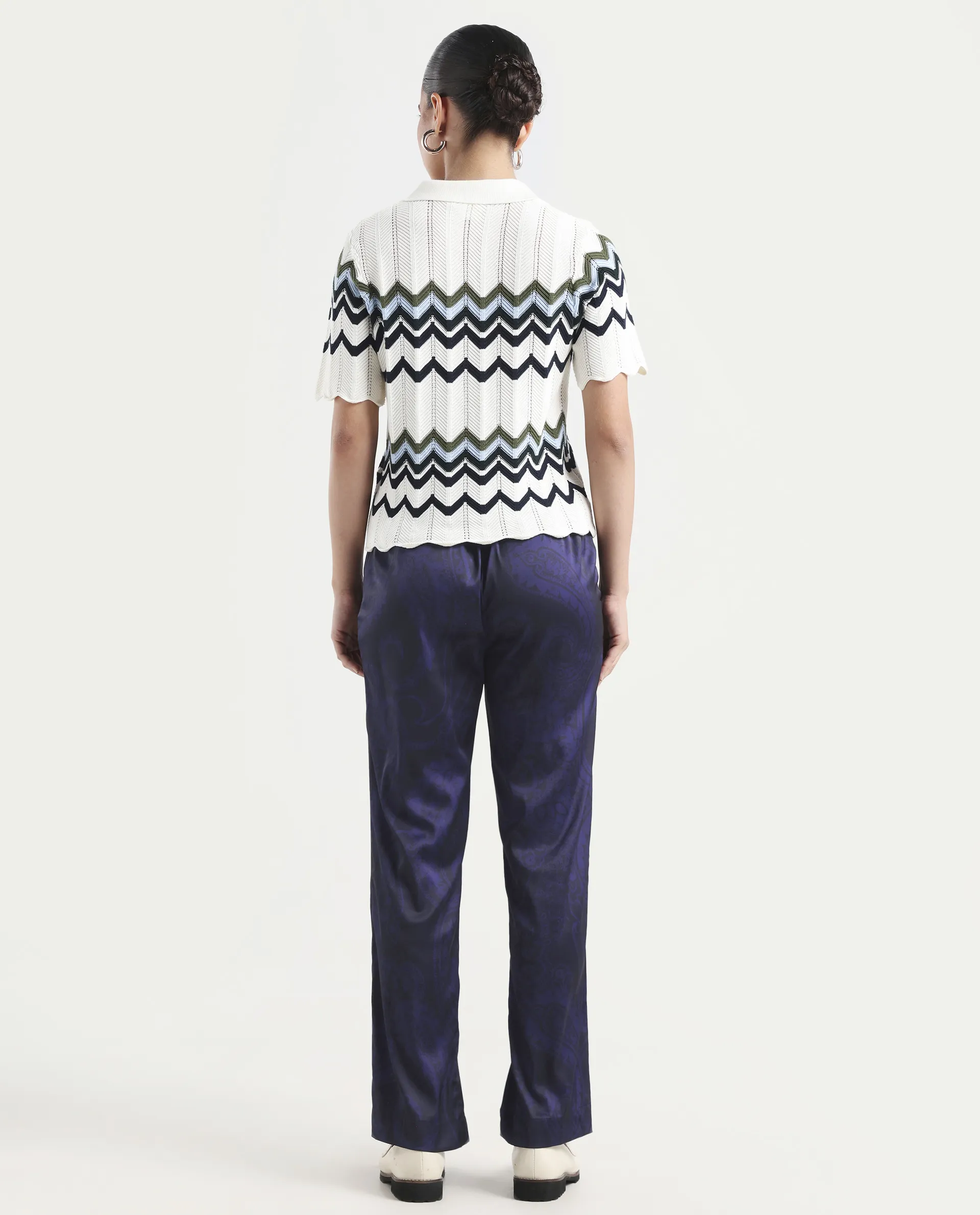 Rareism Women's Braun Navy Polyester Abstract Print Ankle Length Tailored Trouser - Image 7