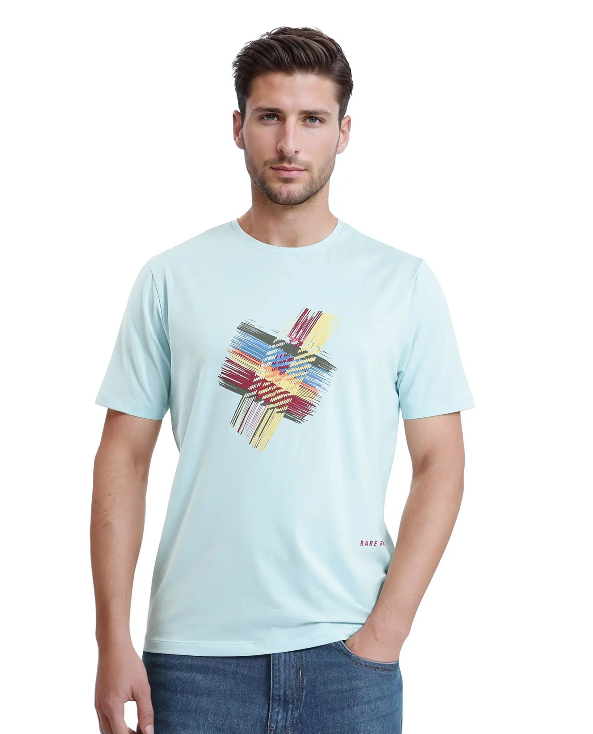 Rare Rabbit Men's Brax Light Blue Cotton Blend Graphic Print Regular Fit Half Sleeve Crew Neck T-Shirt - Image 2