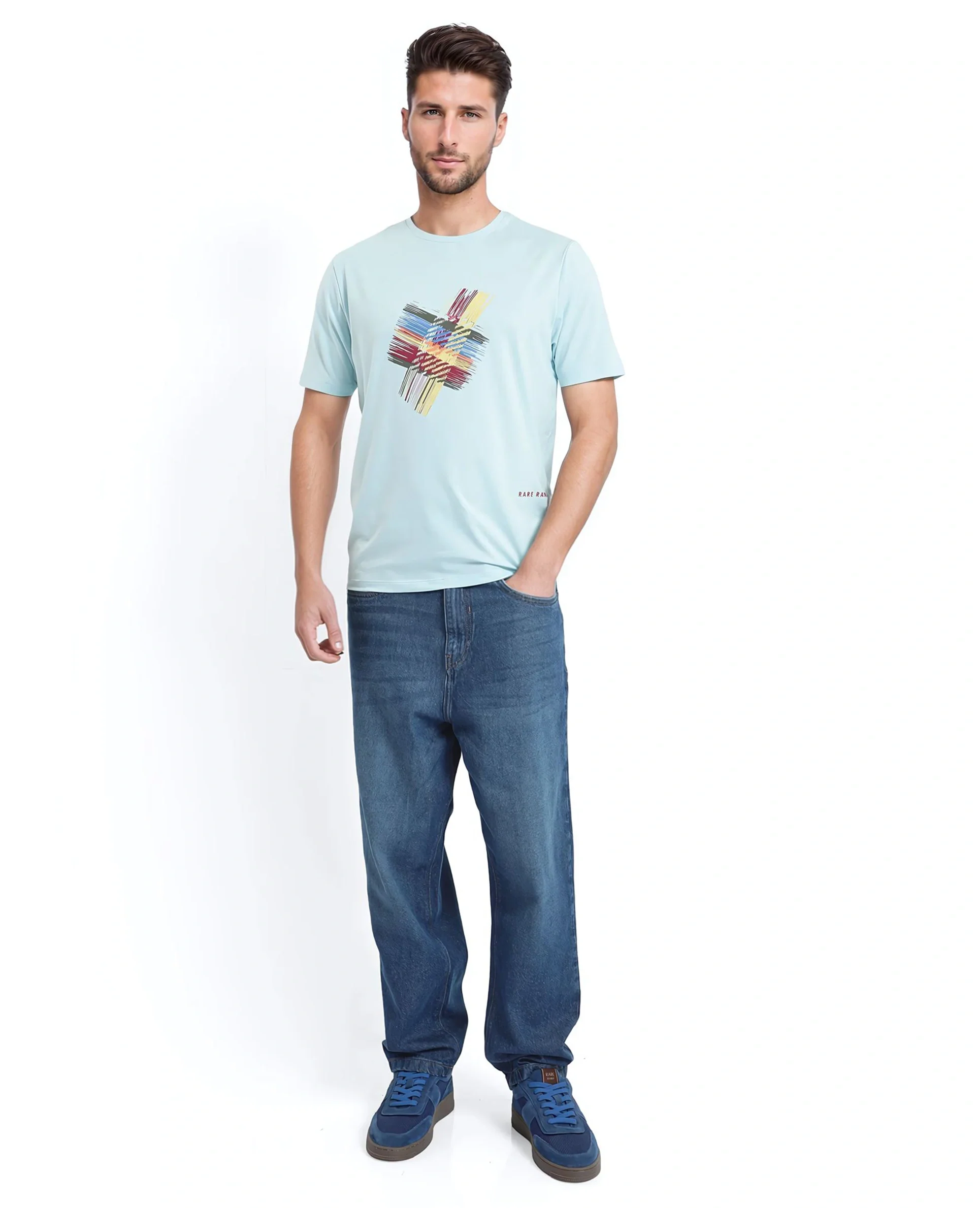 Rare Rabbit Men's Brax Light Blue Cotton Blend Graphic Print Regular Fit Half Sleeve Crew Neck T-Shirt - Image 3