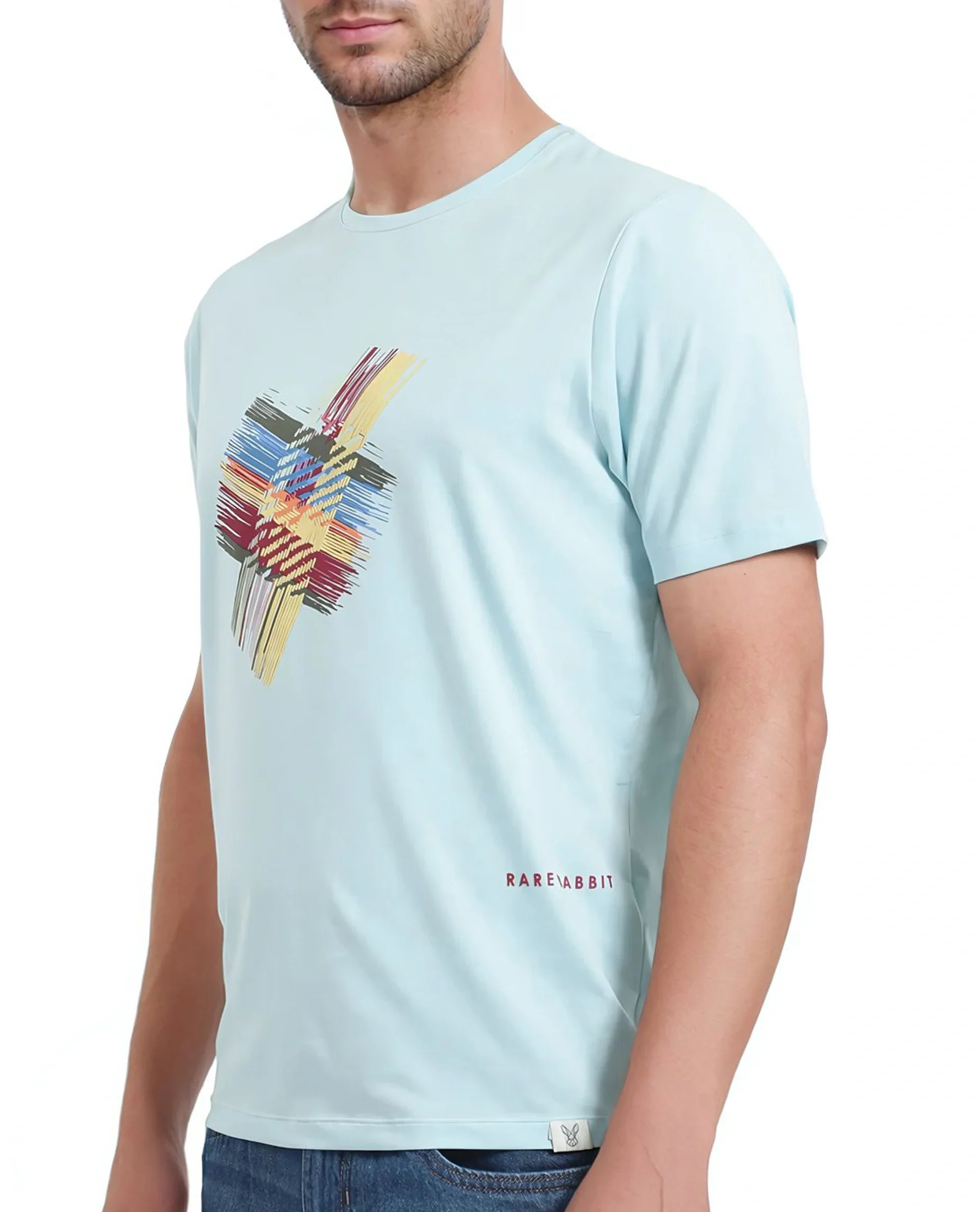 Rare Rabbit Men's Brax Light Blue Cotton Blend Graphic Print Regular Fit Half Sleeve Crew Neck T-Shirt - Image 4