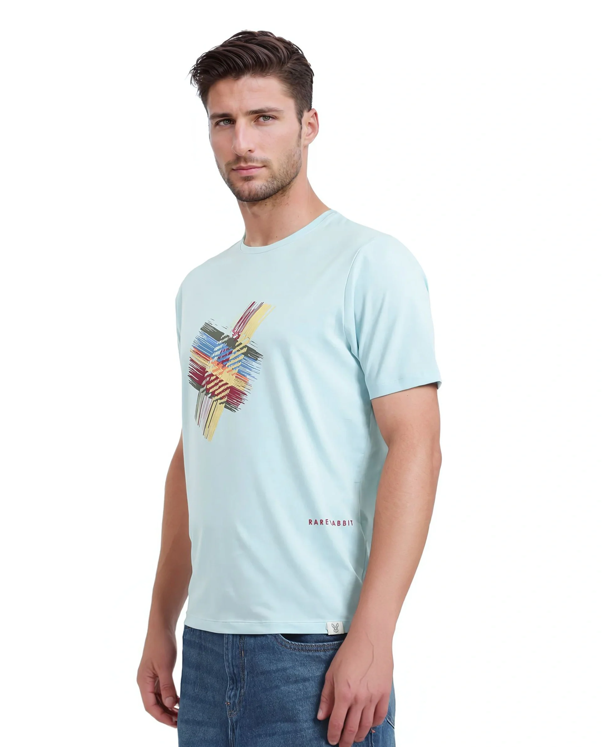 Rare Rabbit Men's Brax Light Blue Cotton Blend Graphic Print Regular Fit Half Sleeve Crew Neck T-Shirt - Image 5