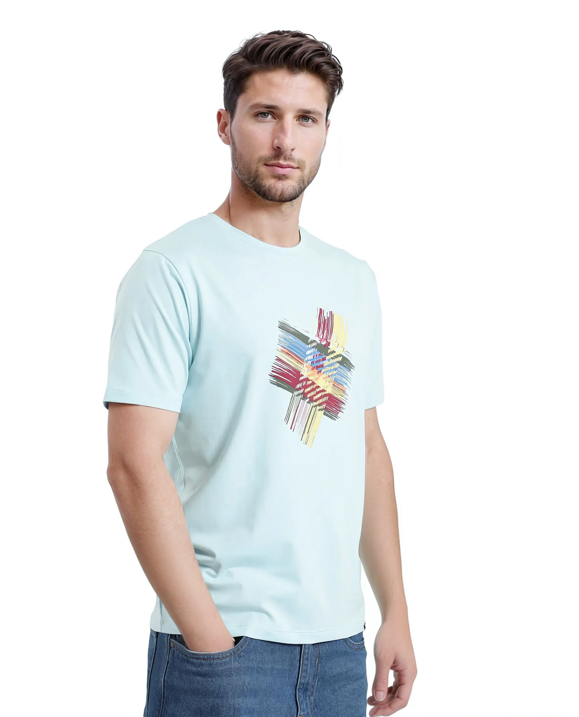Rare Rabbit Men's Brax Light Blue Cotton Blend Graphic Print Regular Fit Half Sleeve Crew Neck T-Shirt - Image 6