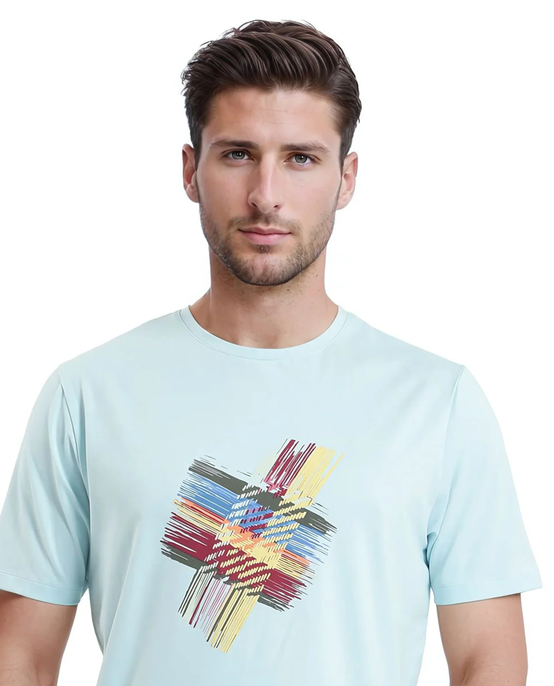 Rare Rabbit Men's Brax Light Blue Cotton Blend Graphic Print Regular Fit Half Sleeve Crew Neck T-Shirt - Image 8