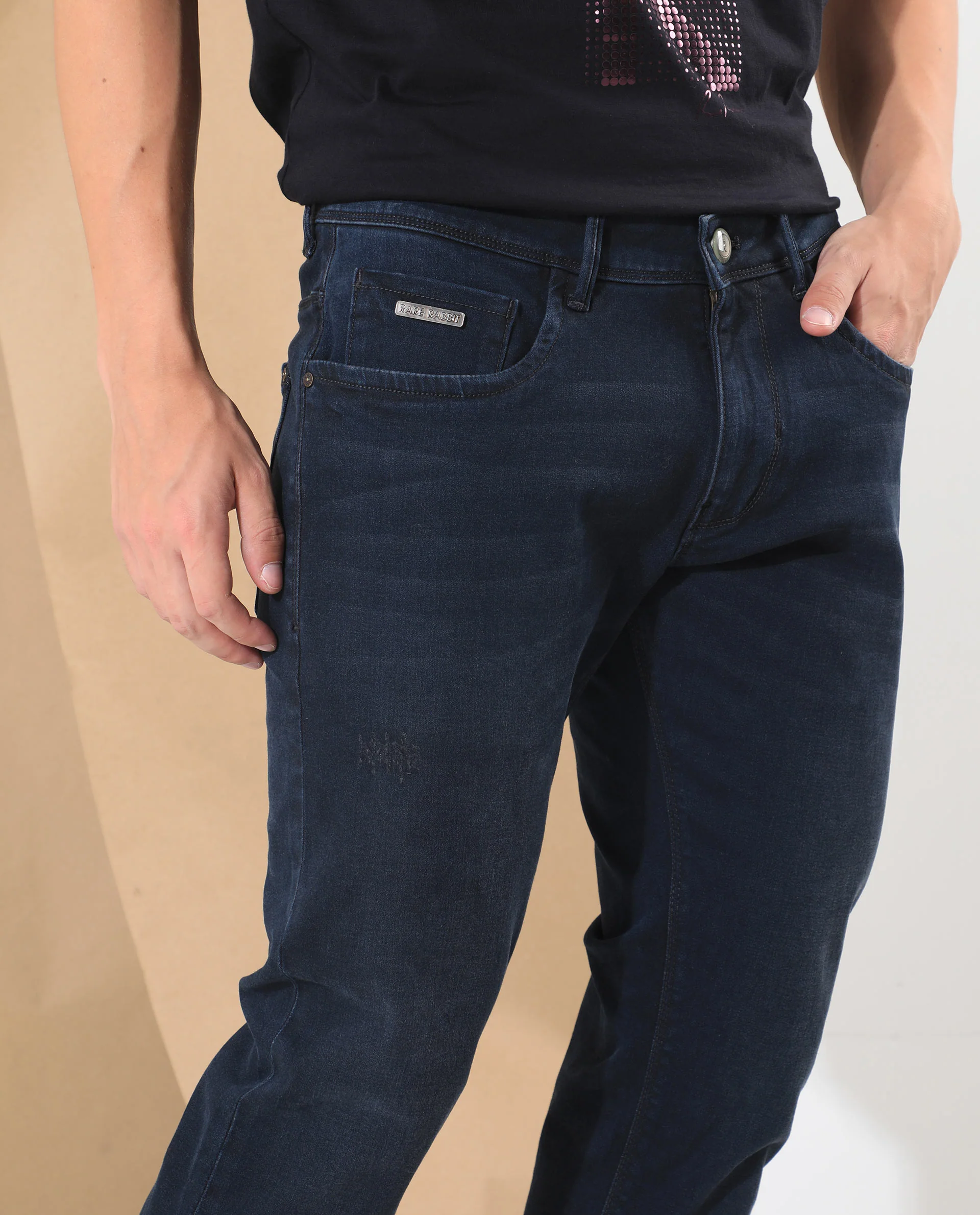 Rare Rabbit Men's Bray Blue Cotton Plain Hawk Slim Fit Jeans - Image 3