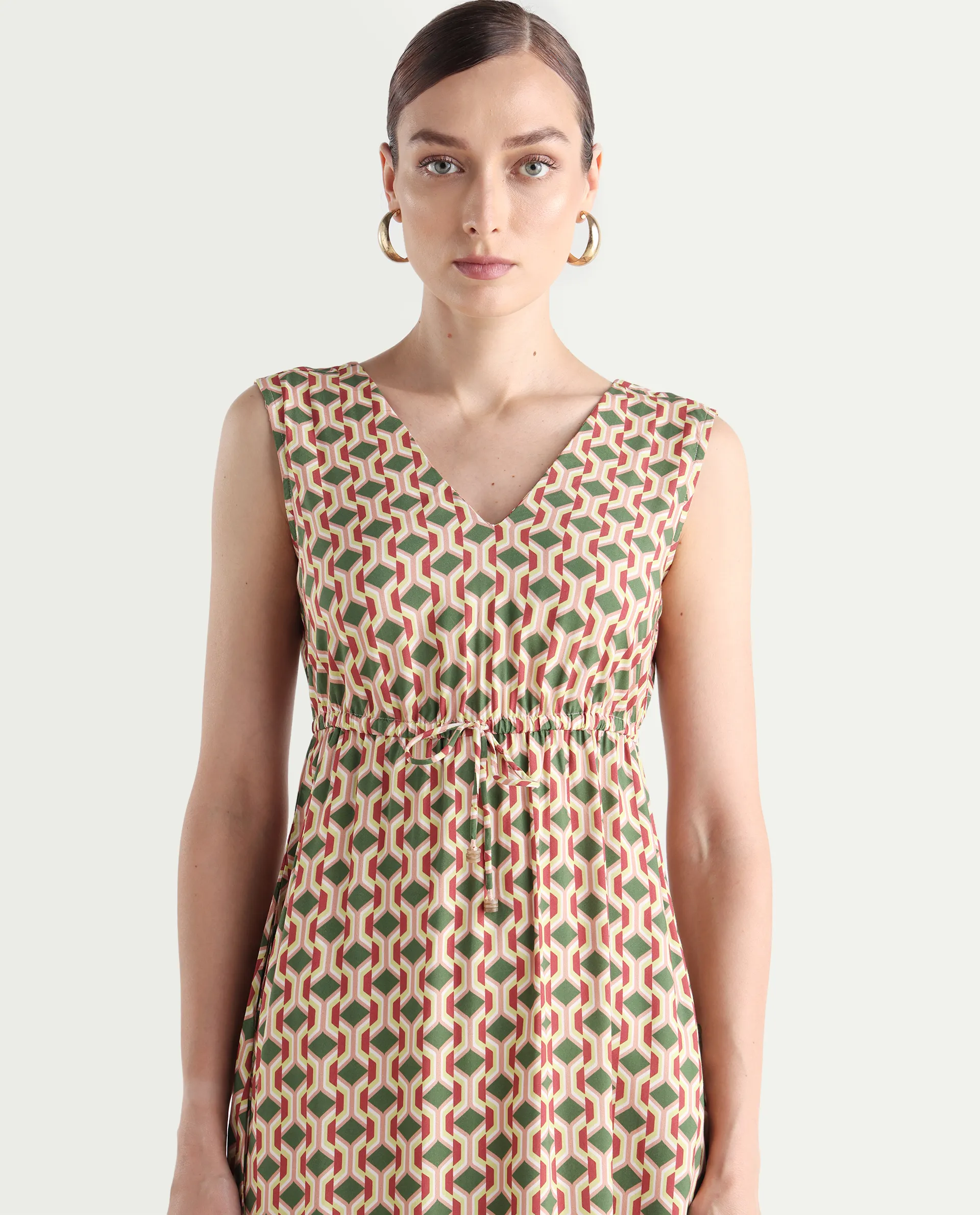 Rareism Women's Braytown Multi Viscose V-Neck Geometric Print Sleeveless Maxi Fit And Flare Dress - Image 4