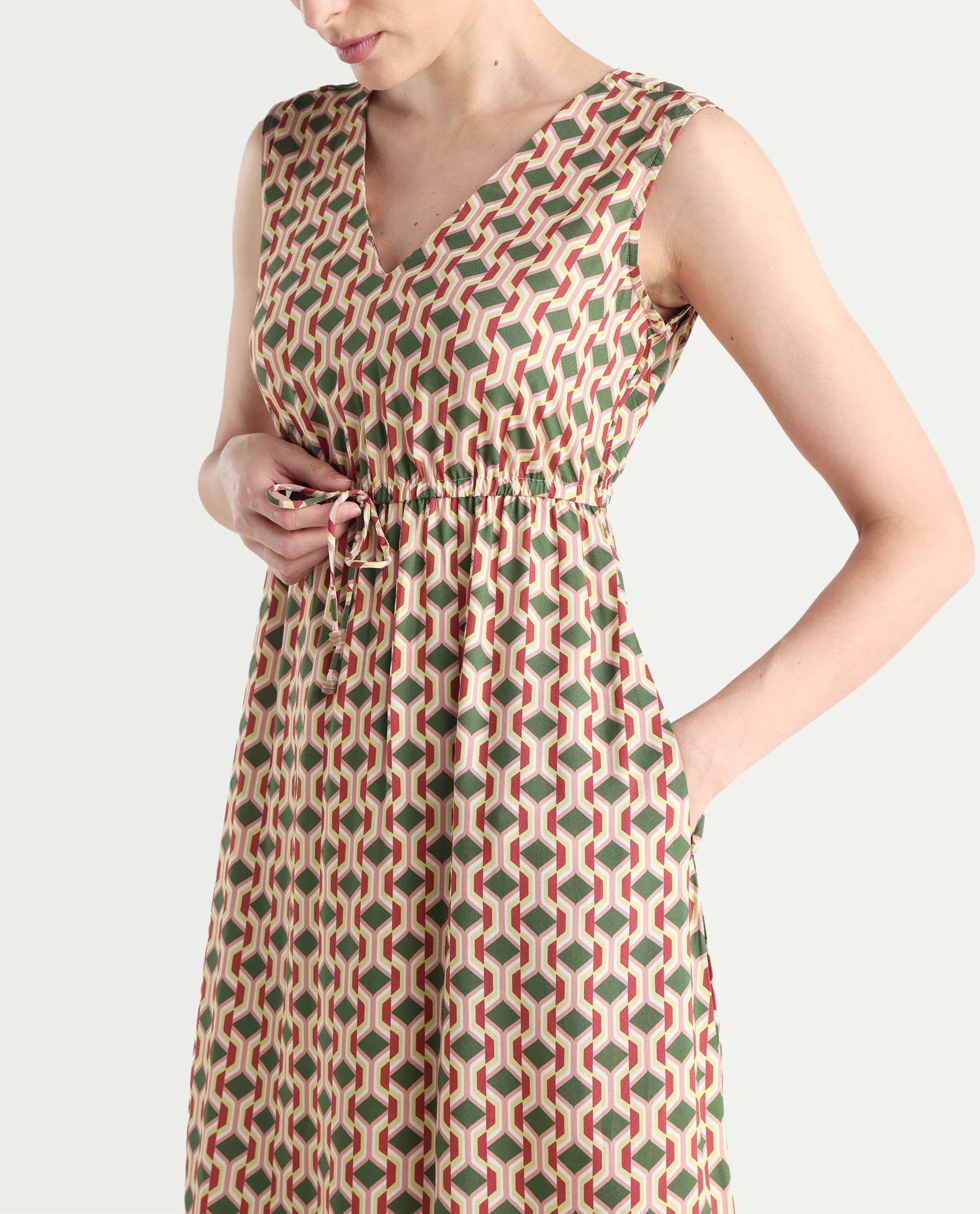 Rareism Women's Braytown Multi Viscose V-Neck Geometric Print Sleeveless Maxi Fit And Flare Dress - Image 5