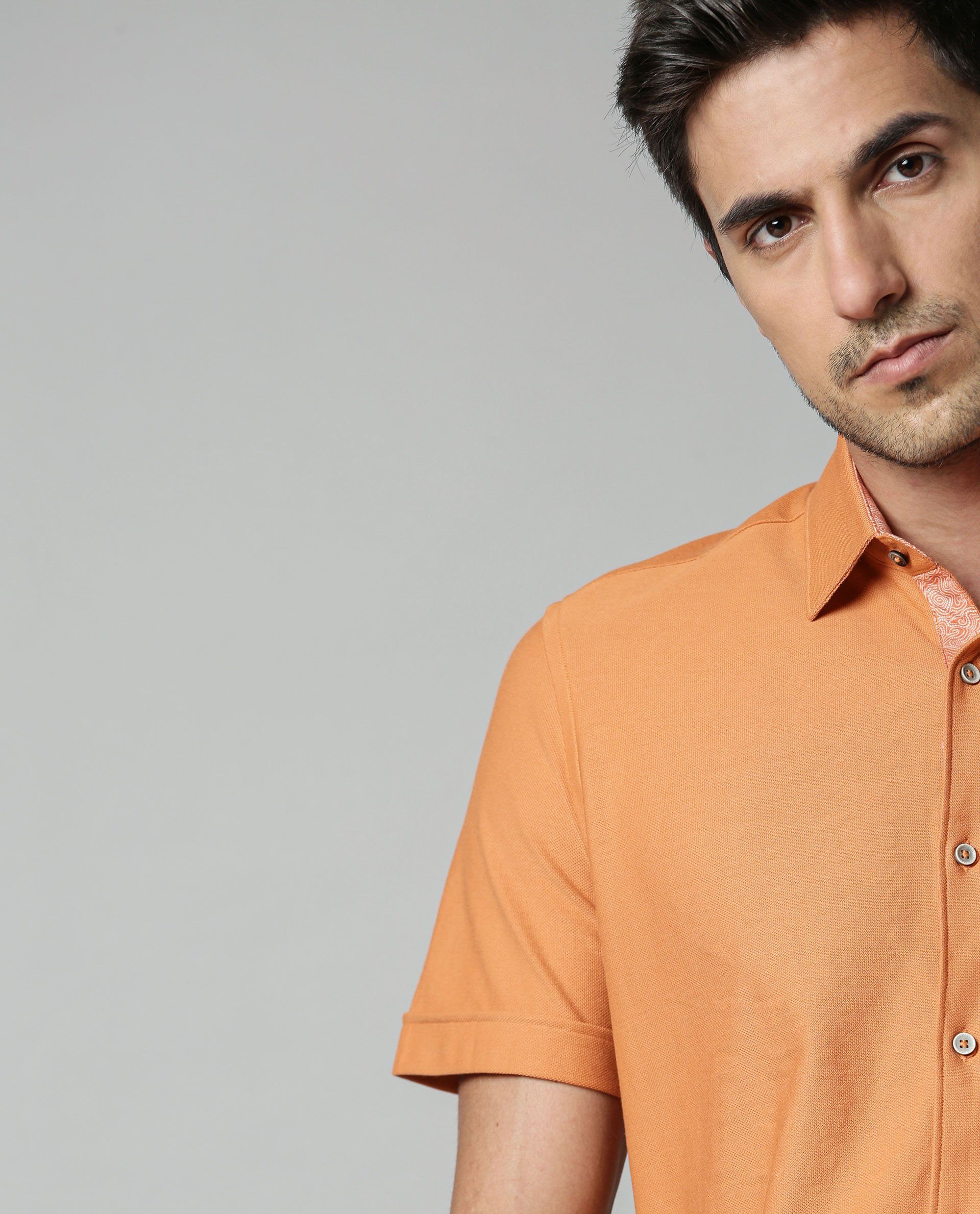 Rare Rabbit Men's Breath Orange Cotton Plain Regular Fit Half Sleeve Spread Collar Shirt - Image 3