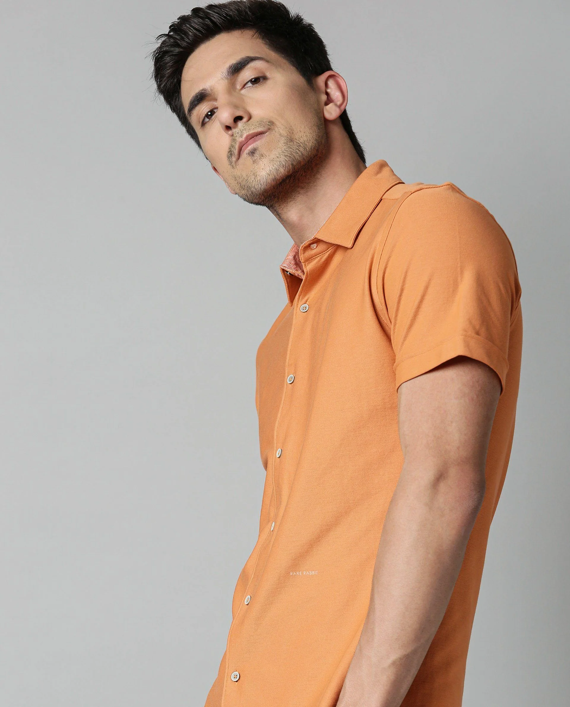 Rare Rabbit Men's Breath Orange Cotton Plain Regular Fit Half Sleeve Spread Collar Shirt - Image 4