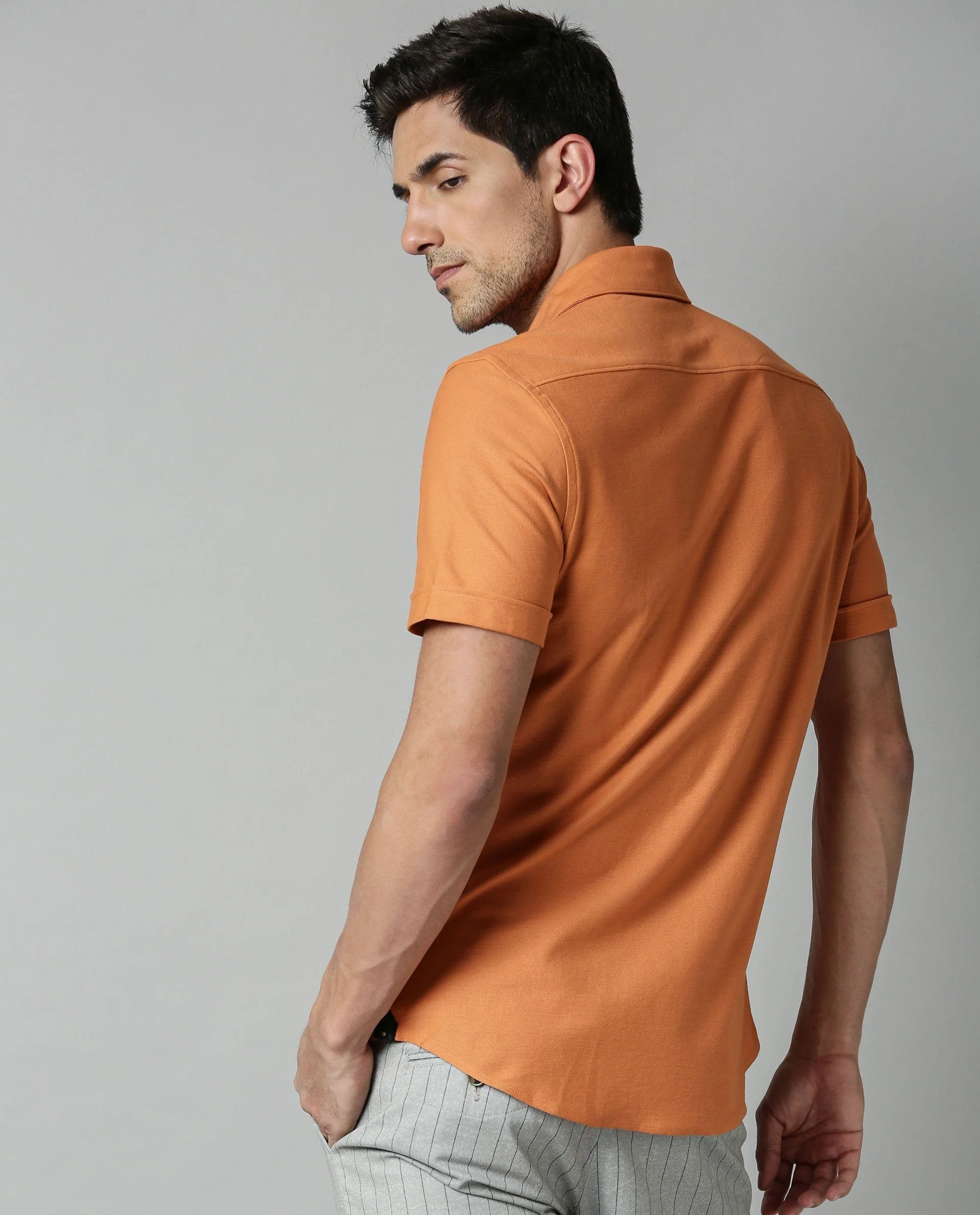 Rare Rabbit Men's Breath Orange Cotton Plain Regular Fit Half Sleeve Spread Collar Shirt - Image 5