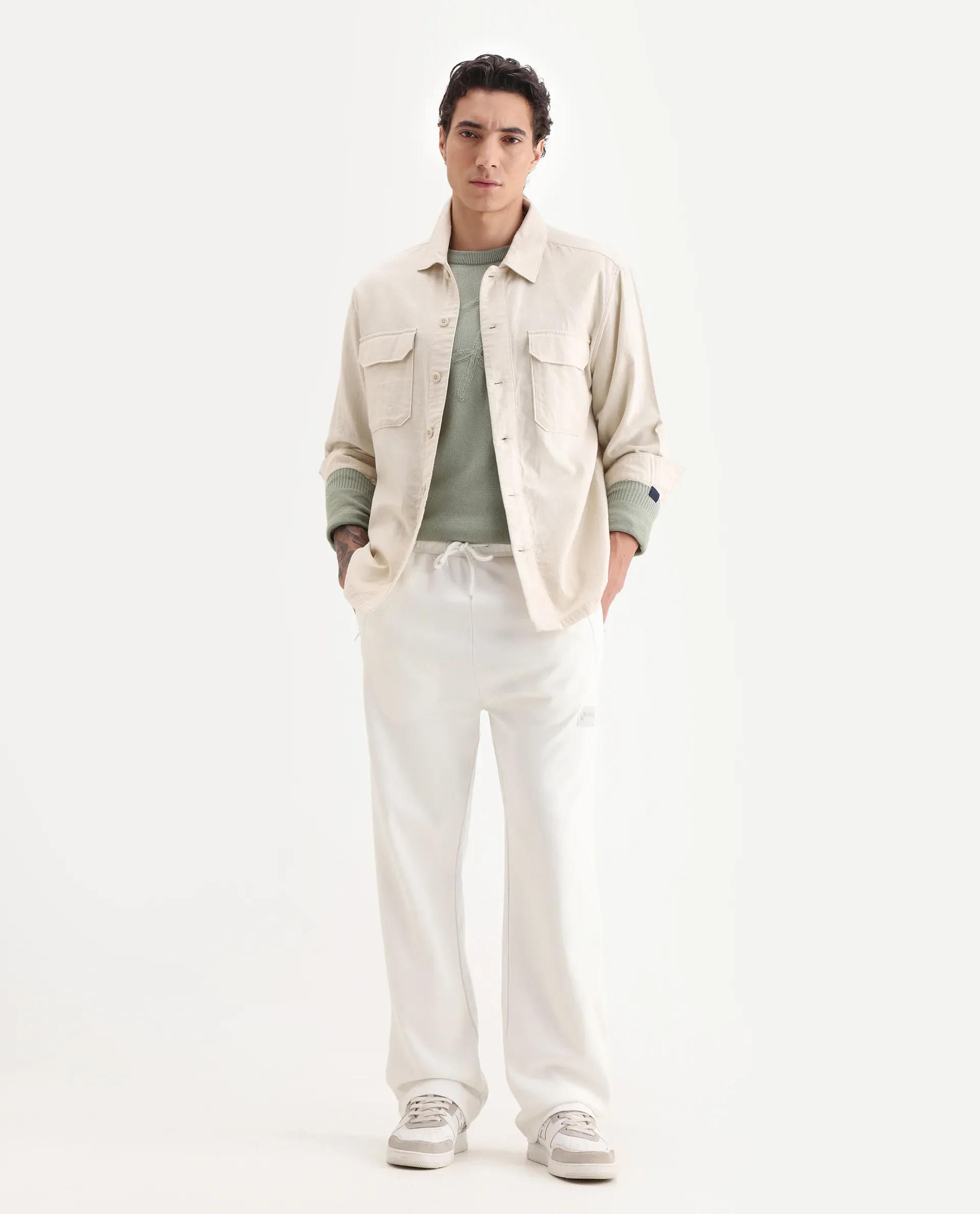Rare Rabbit Men's Breckin Off White Cotton Blend Embroidered Relaxed Fit Track Pant