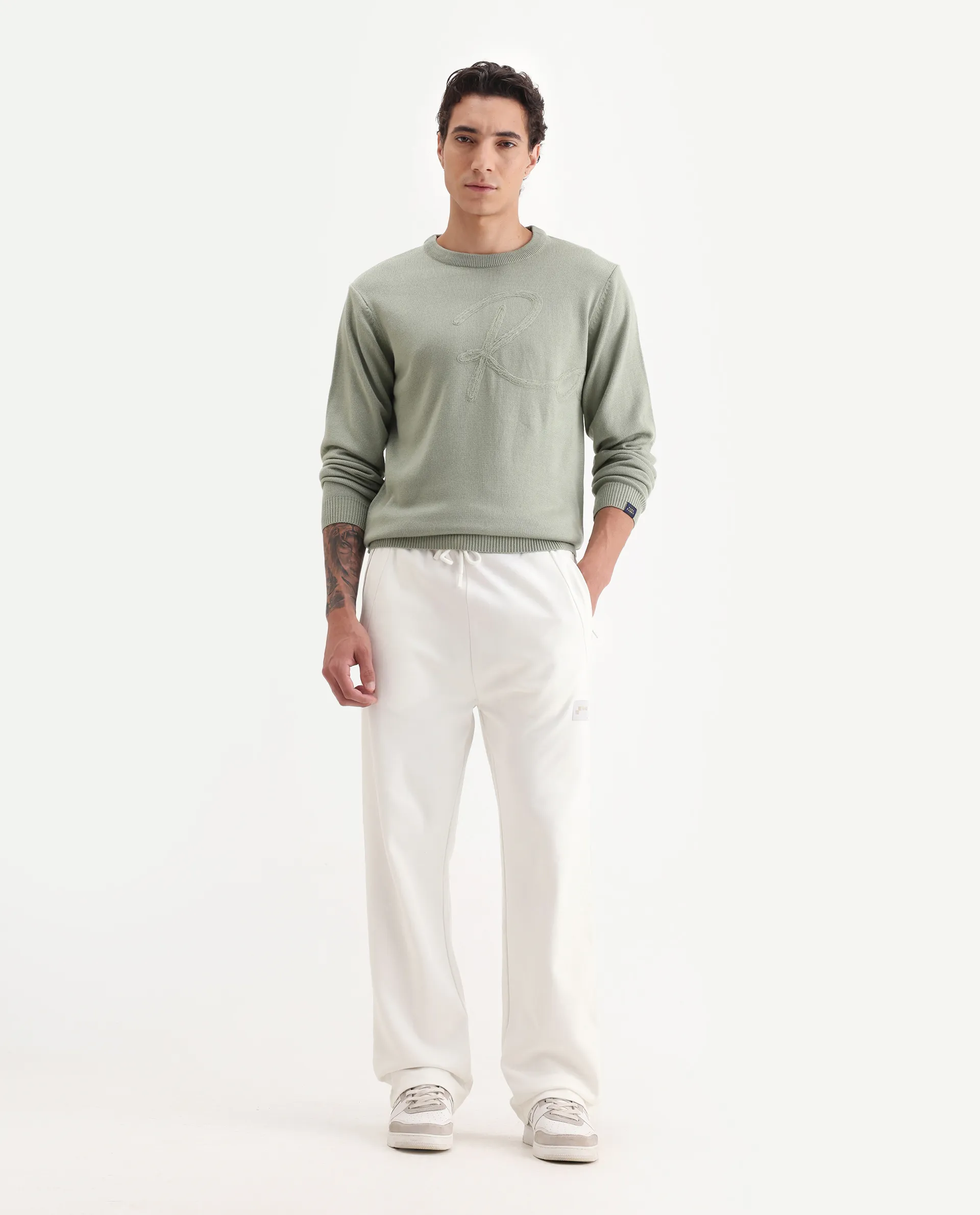 Rare Rabbit Men's Breckin Off White Cotton Blend Embroidered Relaxed Fit Track Pant - Image 4