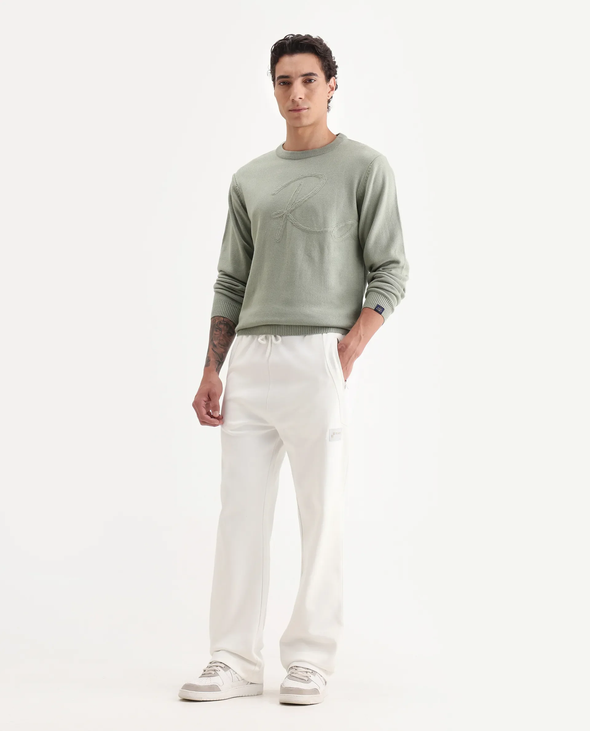 Rare Rabbit Men's Breckin Off White Cotton Blend Embroidered Relaxed Fit Track Pant - Image 5