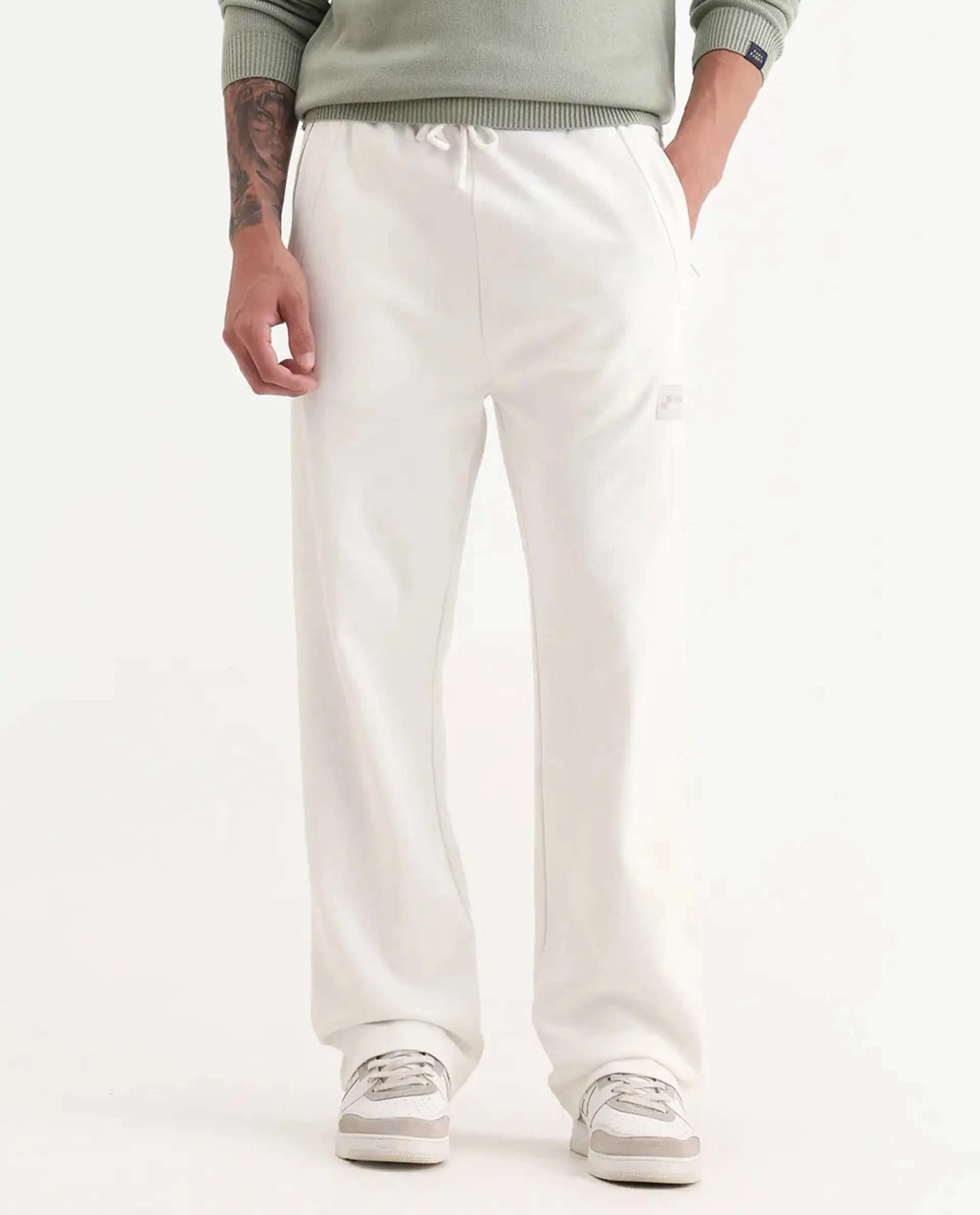 Rare Rabbit Men's Breckin Off White Cotton Blend Embroidered Relaxed Fit Track Pant - Image 9