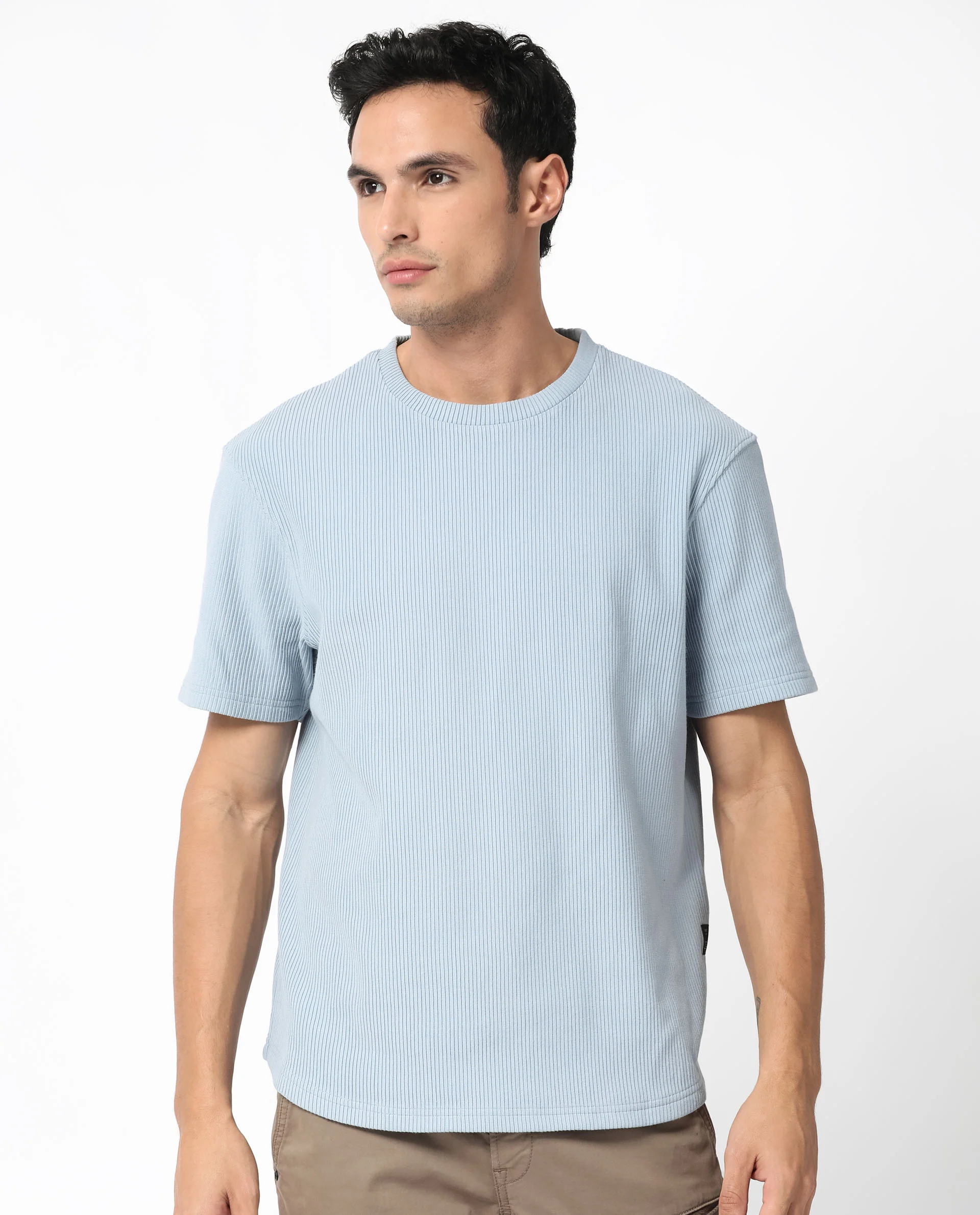 Rare Rabbit Men's Bree Dusky Blue Cotton Textured Oversized Fit Half Sleeve Crew Neck T-Shirt - Image 2
