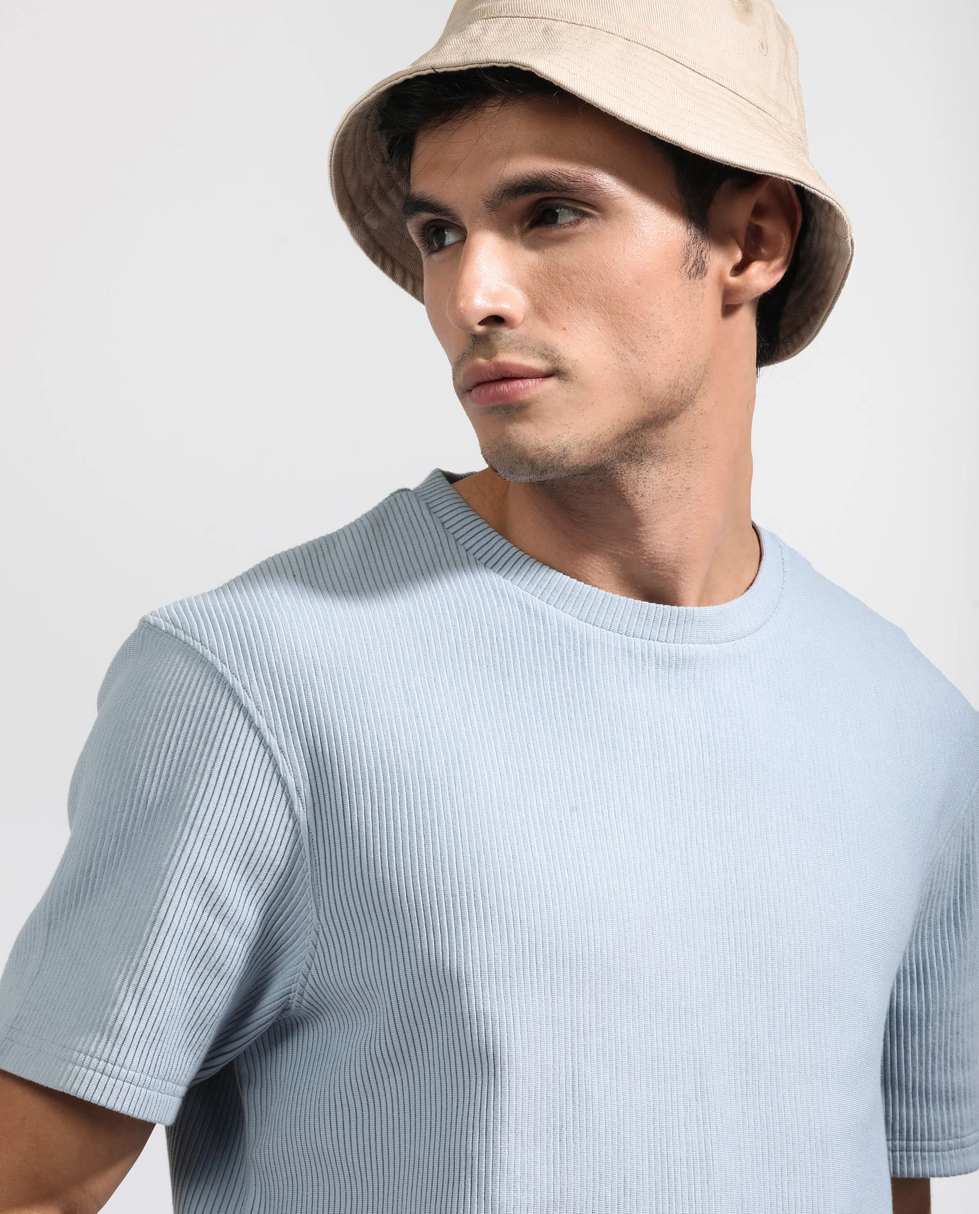Rare Rabbit Men's Bree Dusky Blue Cotton Textured Oversized Fit Half Sleeve Crew Neck T-Shirt - Image 3