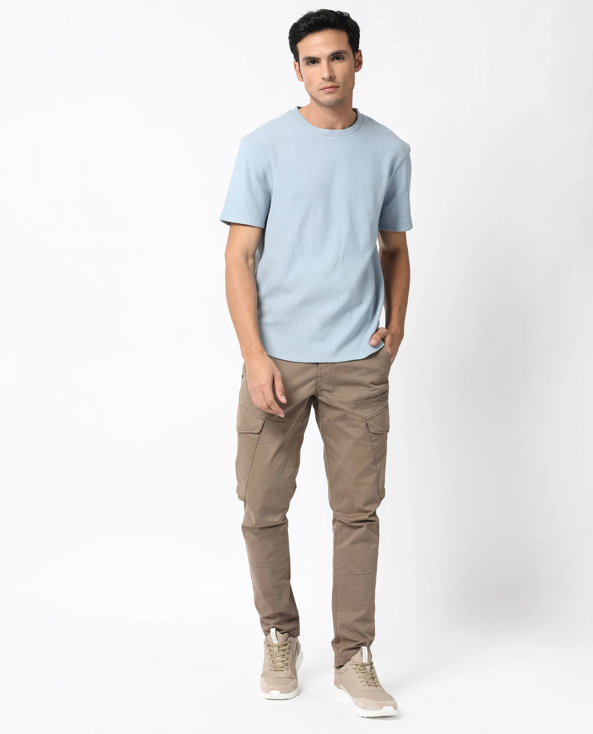 Rare Rabbit Men's Bree Dusky Blue Cotton Textured Oversized Fit Half Sleeve Crew Neck T-Shirt - Image 5