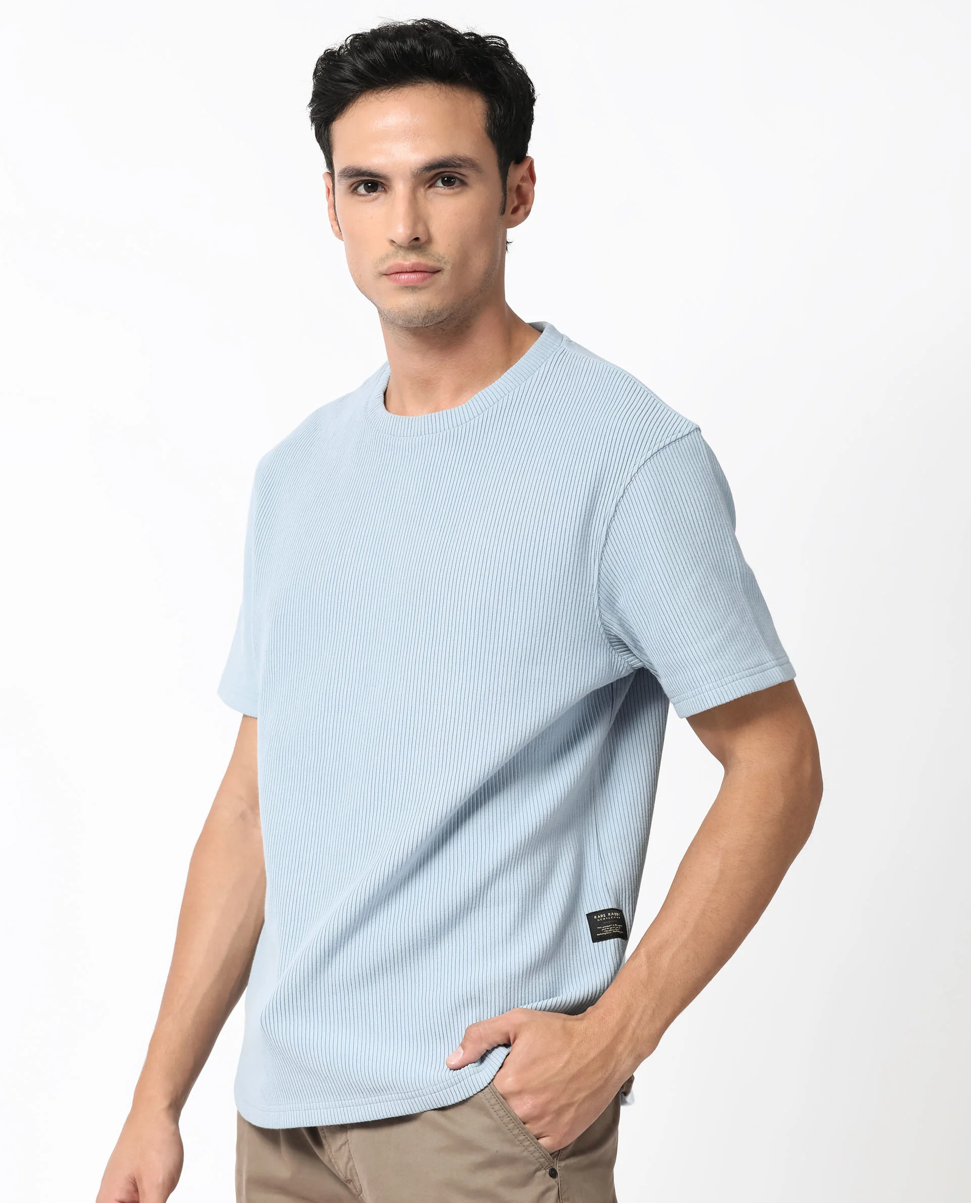 Rare Rabbit Men's Bree Dusky Blue Cotton Textured Oversized Fit Half Sleeve Crew Neck T-Shirt - Image 6