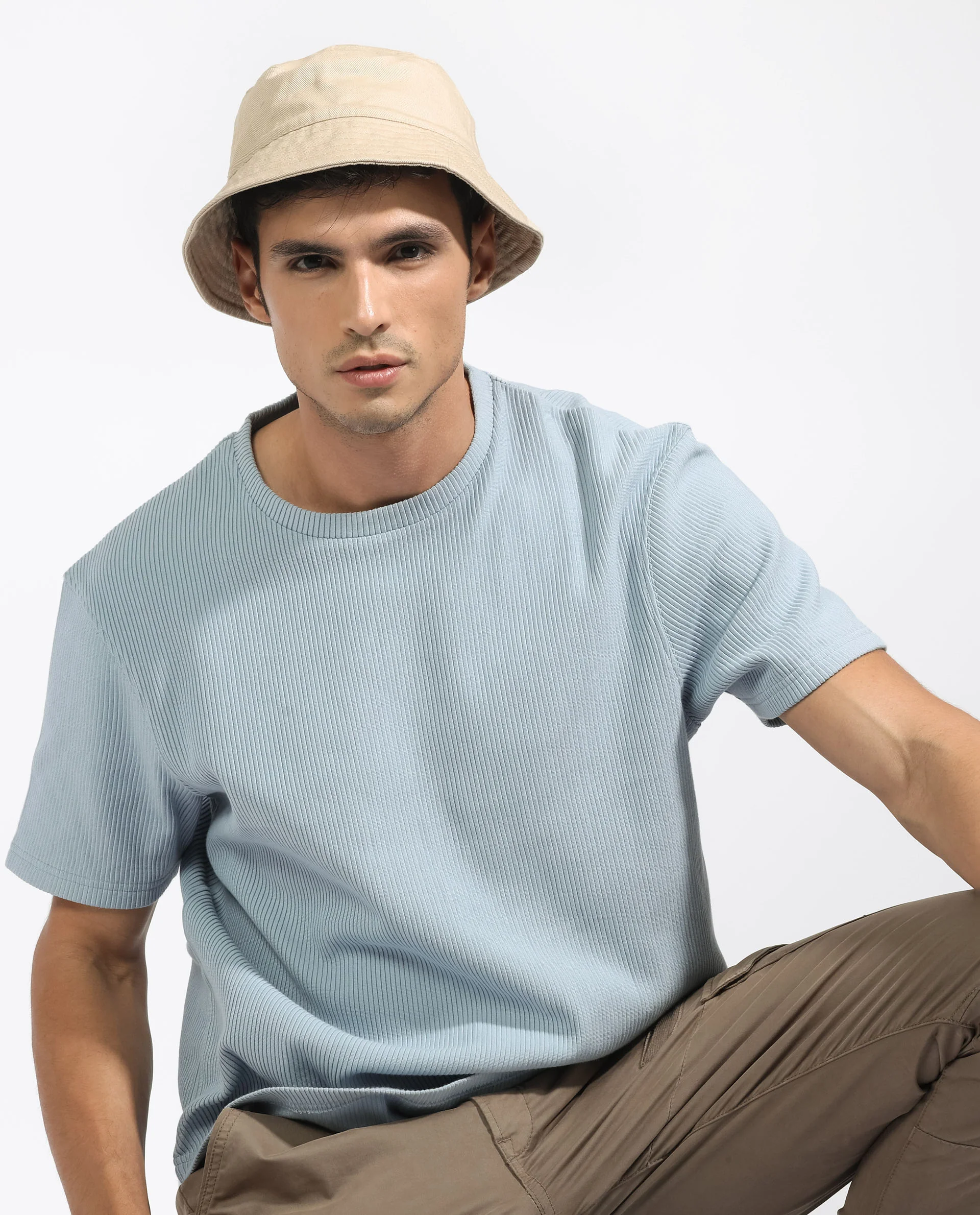 Rare Rabbit Men's Bree Dusky Blue Cotton Textured Oversized Fit Half Sleeve Crew Neck T-Shirt - Image 7