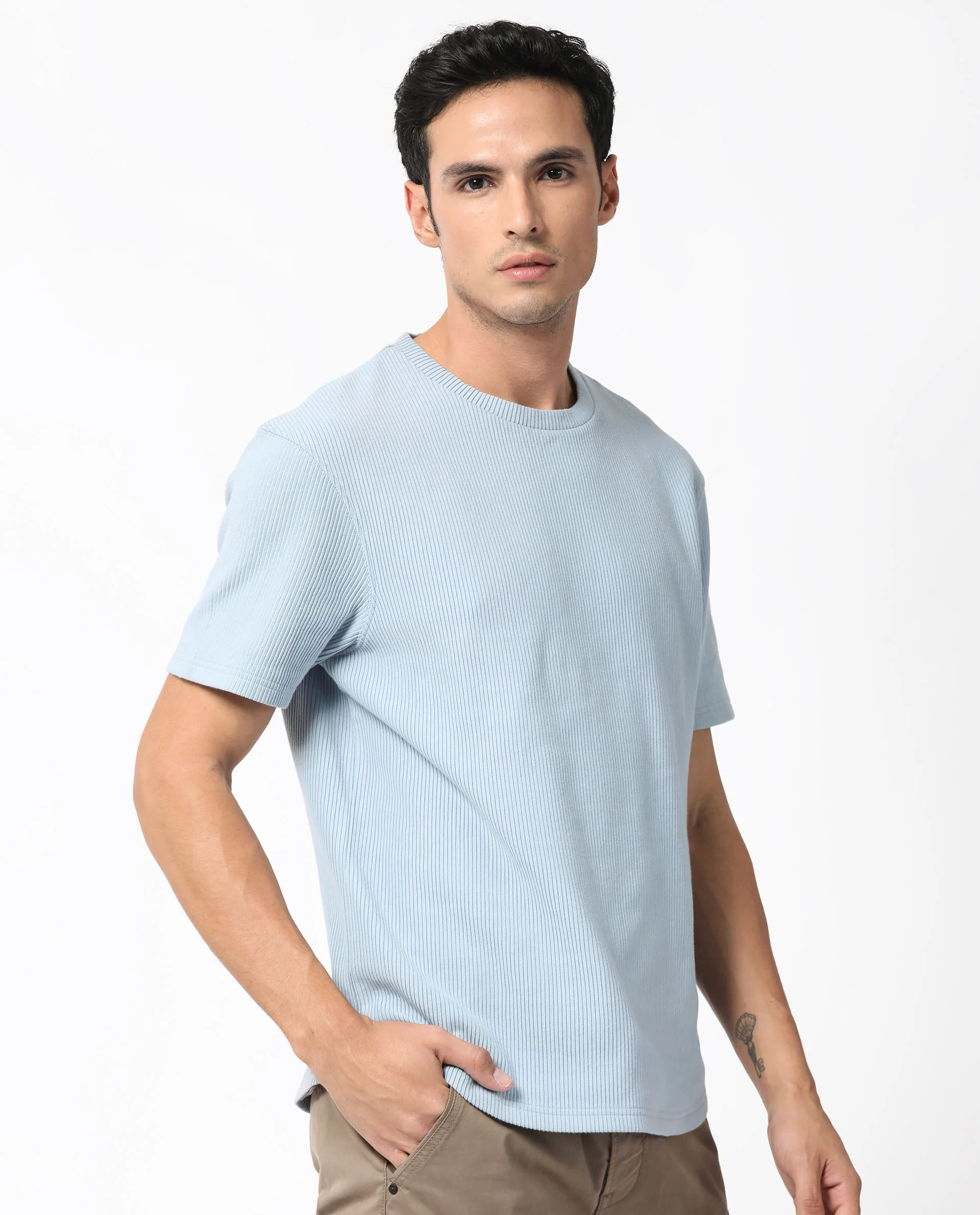 Rare Rabbit Men's Bree Dusky Blue Cotton Textured Oversized Fit Half Sleeve Crew Neck T-Shirt - Image 8