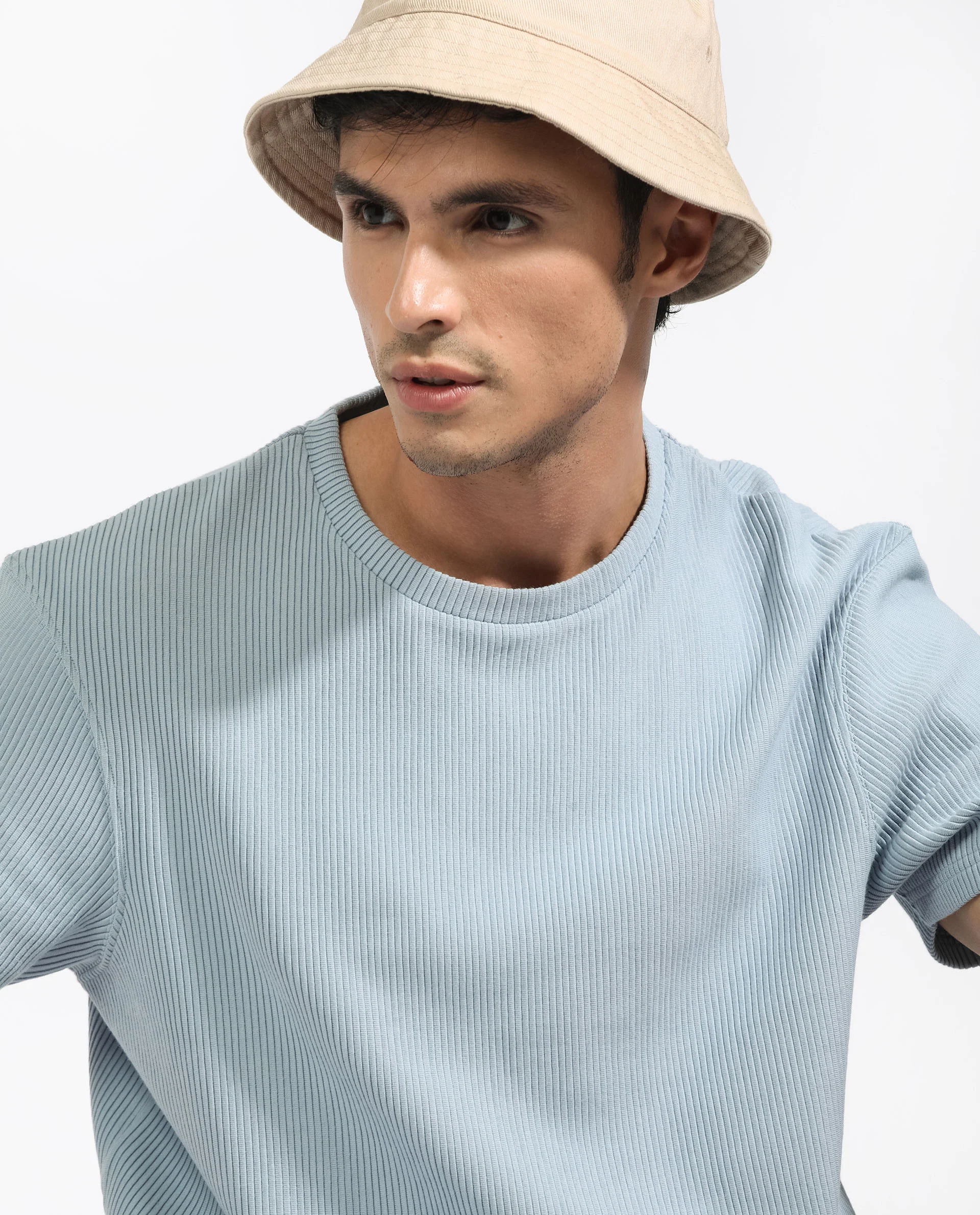 Rare Rabbit Men's Bree Dusky Blue Cotton Textured Oversized Fit Half Sleeve Crew Neck T-Shirt - Image 9