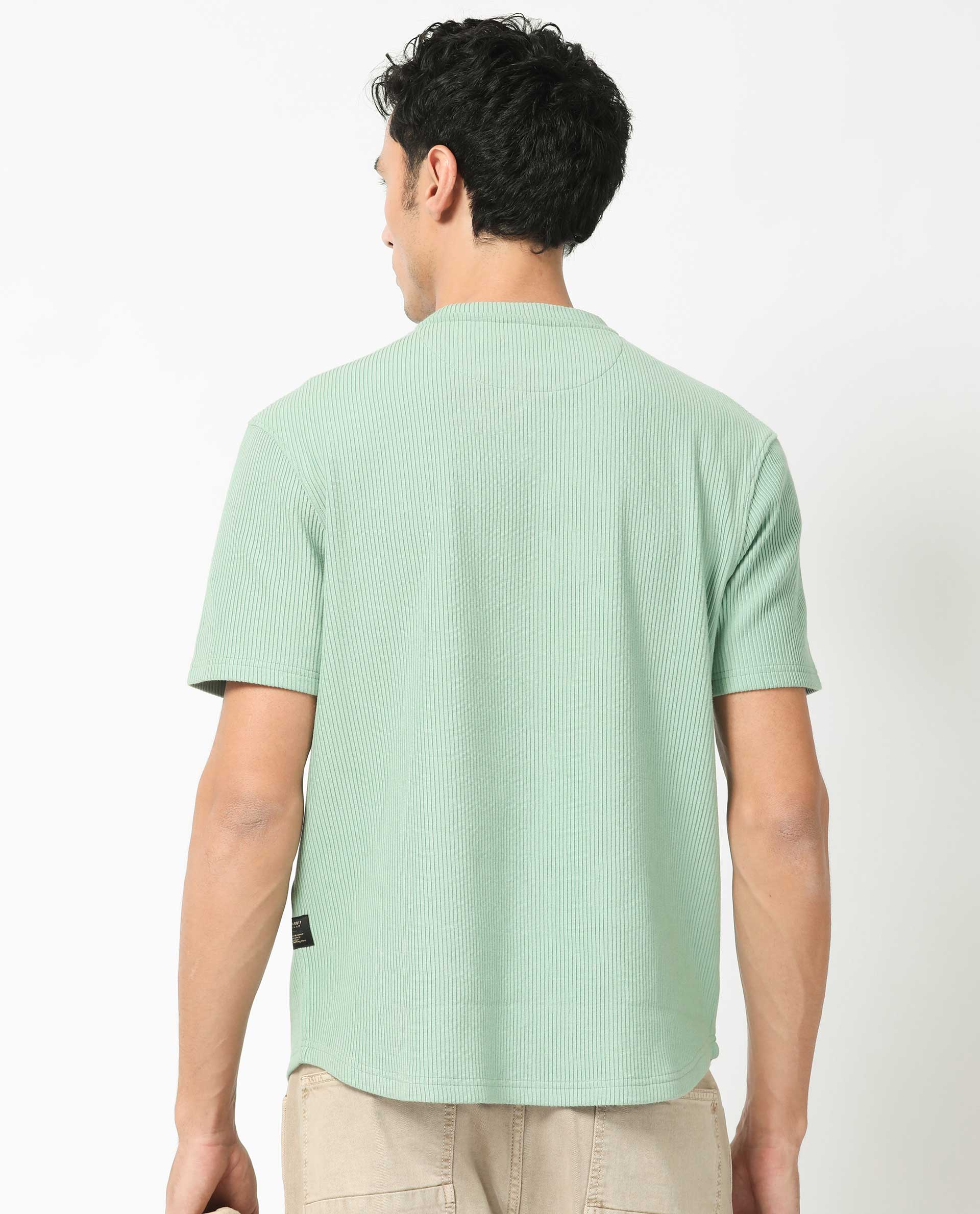Rare Rabbit Men's Bree Dusky Green Cotton Textured Oversized Fit Half Sleeve Crew Neck T-Shirt - Image 10