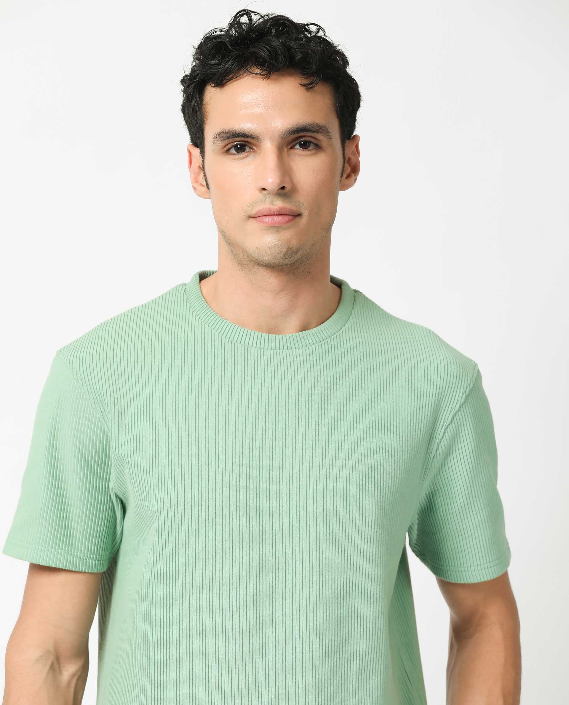 Rare Rabbit Men's Bree Dusky Green Cotton Textured Oversized Fit Half Sleeve Crew Neck T-Shirt - Image 2
