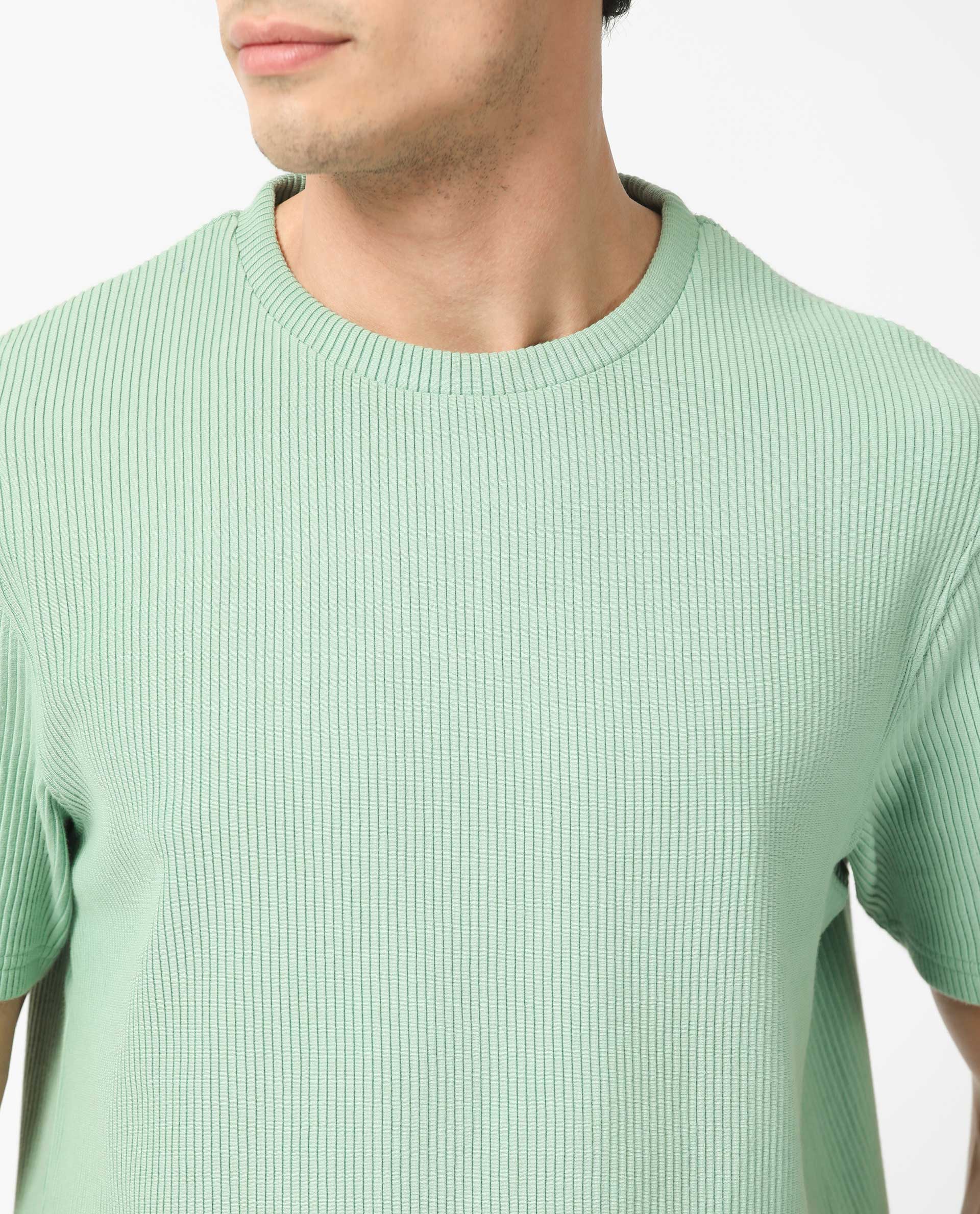 Rare Rabbit Men's Bree Dusky Green Cotton Textured Oversized Fit Half Sleeve Crew Neck T-Shirt - Image 3