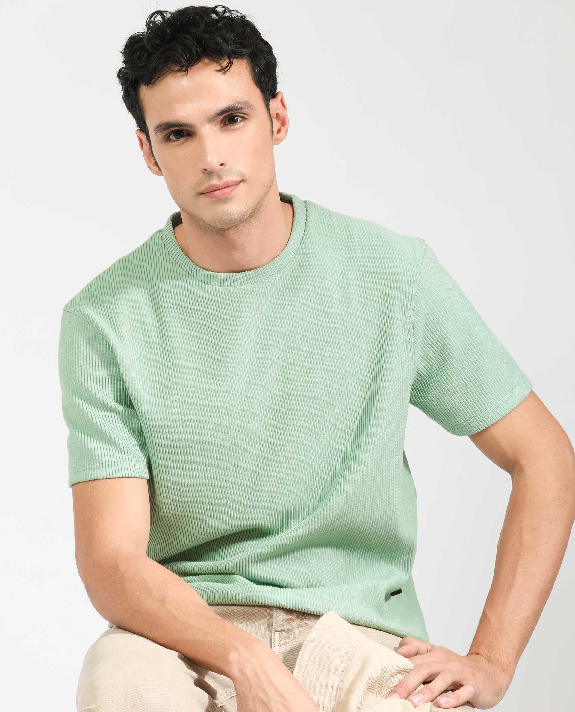 Rare Rabbit Men's Bree Dusky Green Cotton Textured Oversized Fit Half Sleeve Crew Neck T-Shirt - Image 4