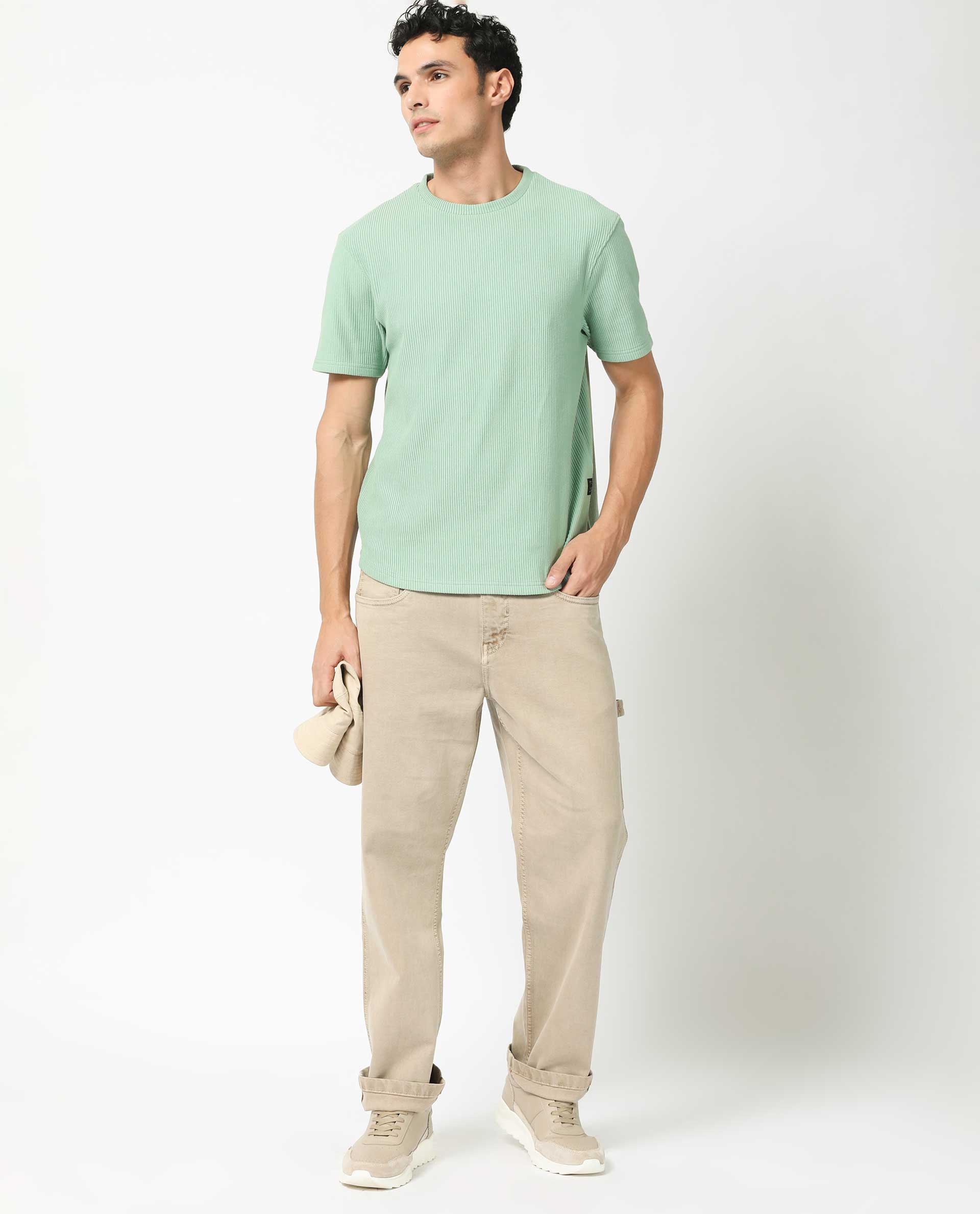 Rare Rabbit Men's Bree Dusky Green Cotton Textured Oversized Fit Half Sleeve Crew Neck T-Shirt - Image 5