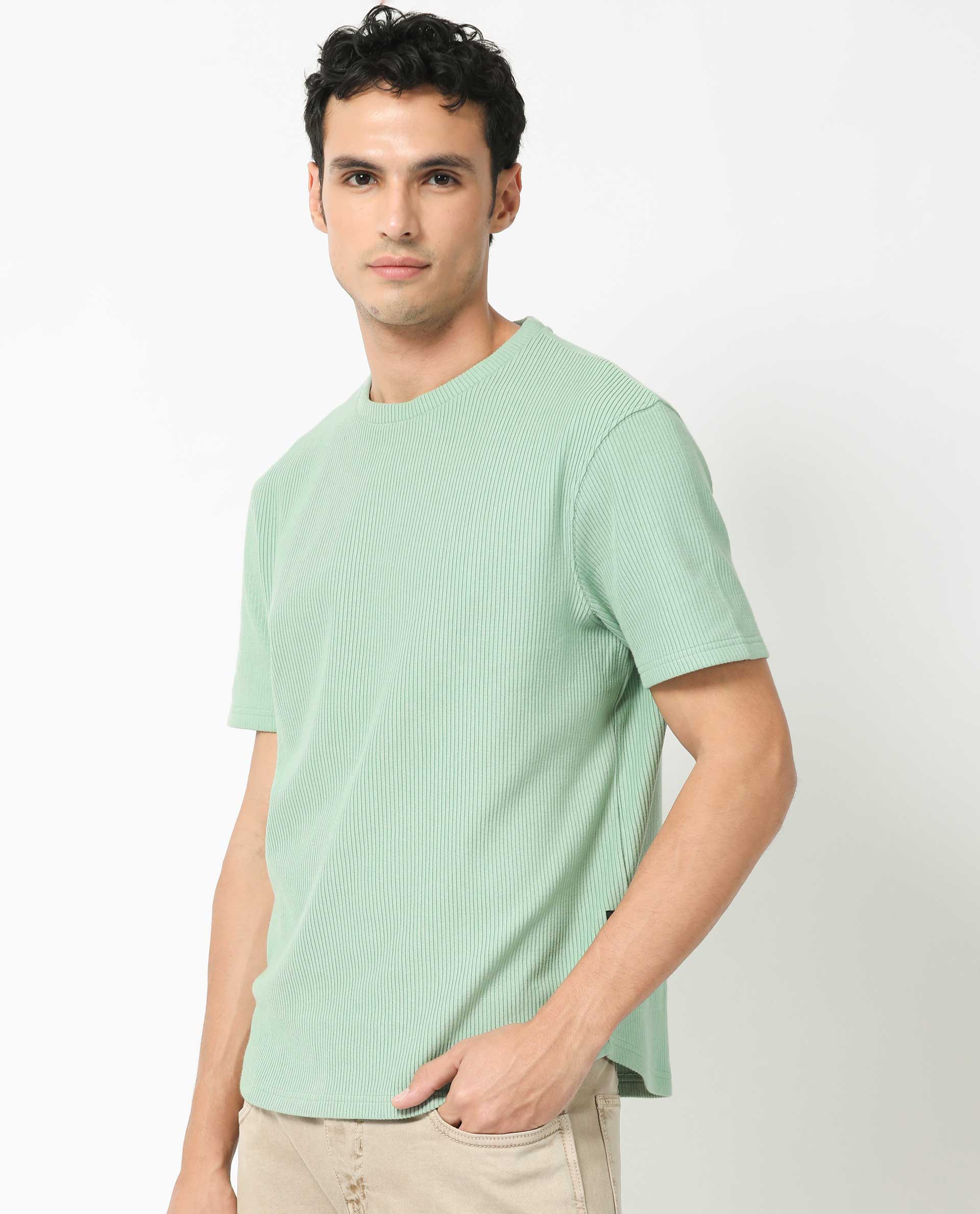 Rare Rabbit Men's Bree Dusky Green Cotton Textured Oversized Fit Half Sleeve Crew Neck T-Shirt - Image 6