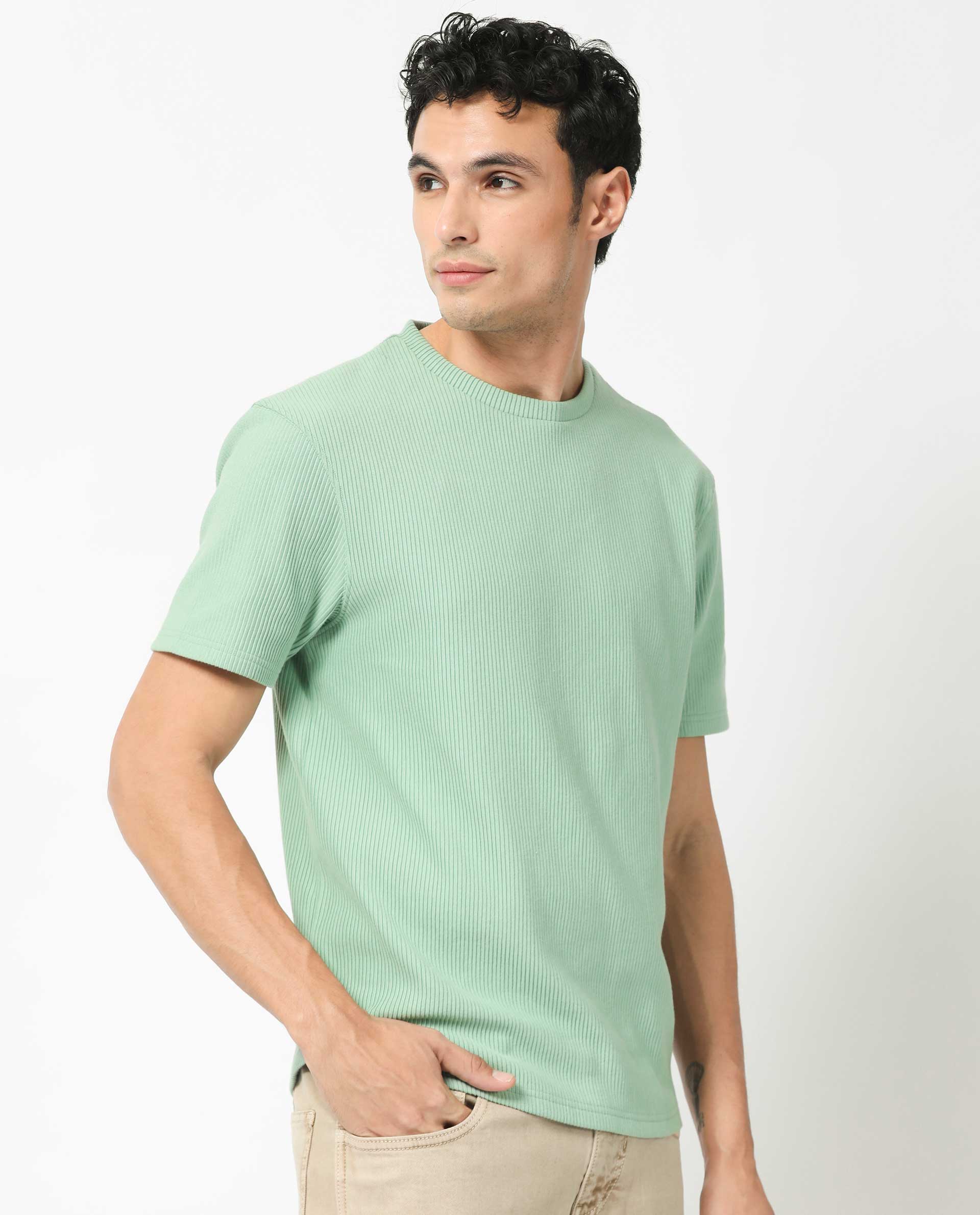 Rare Rabbit Men's Bree Dusky Green Cotton Textured Oversized Fit Half Sleeve Crew Neck T-Shirt - Image 7