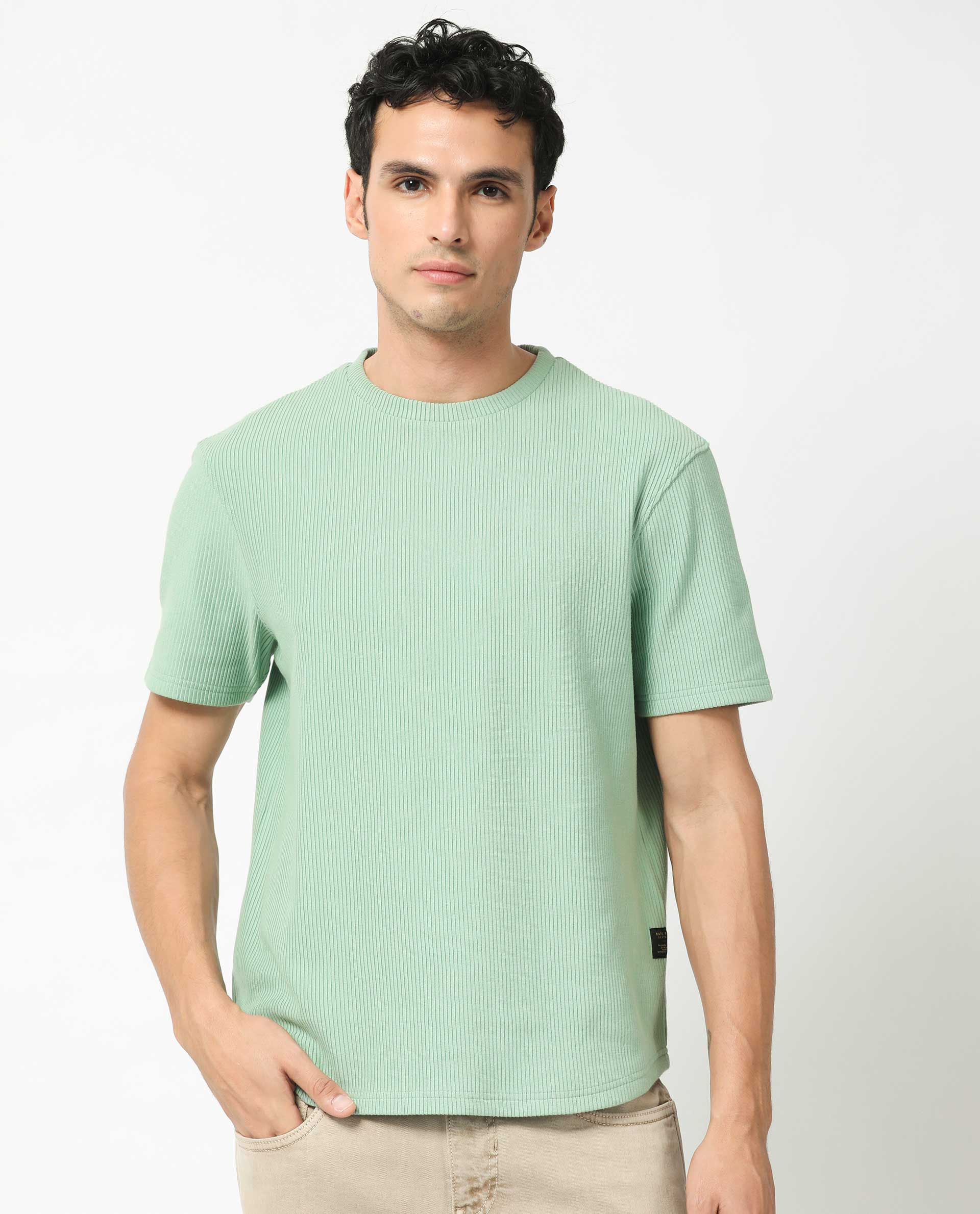 Rare Rabbit Men's Bree Dusky Green Cotton Textured Oversized Fit Half Sleeve Crew Neck T-Shirt - Image 8