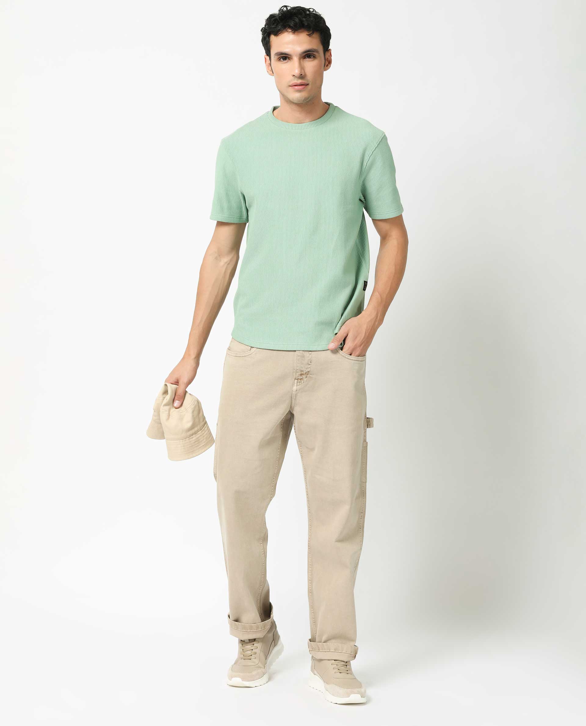 Rare Rabbit Men's Bree Dusky Green Cotton Textured Oversized Fit Half Sleeve Crew Neck T-Shirt - Image 9