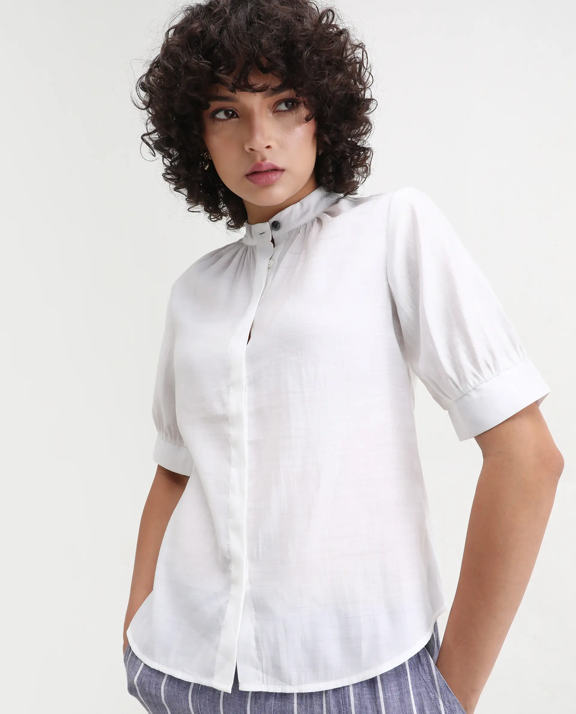 Rareism Women's Breen White Polyester Mandarin Collar Plain Bishop Sleeve Regular Fit Top - Image 2