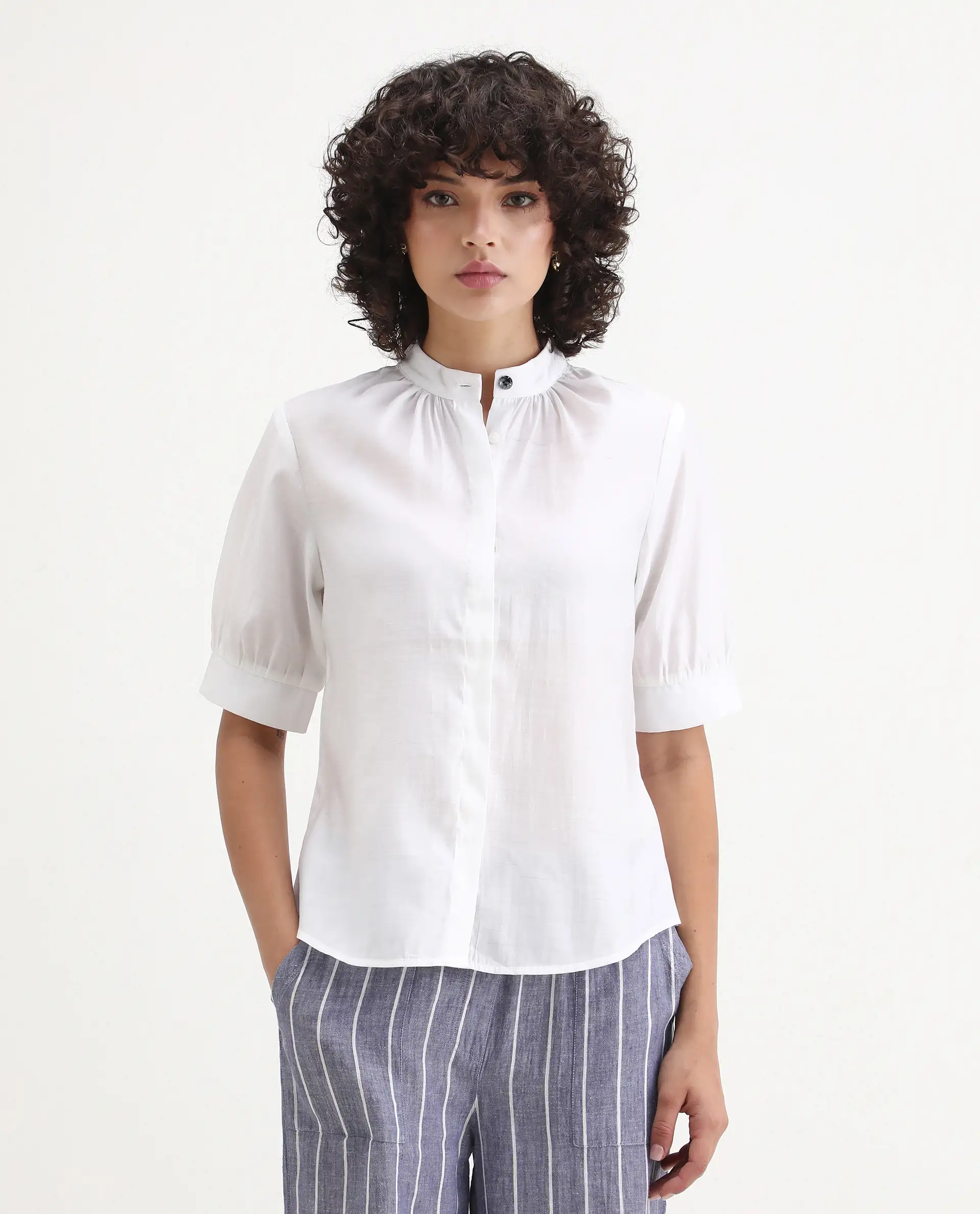 Rareism Women's Breen White Polyester Mandarin Collar Plain Bishop Sleeve Regular Fit Top - Image 4