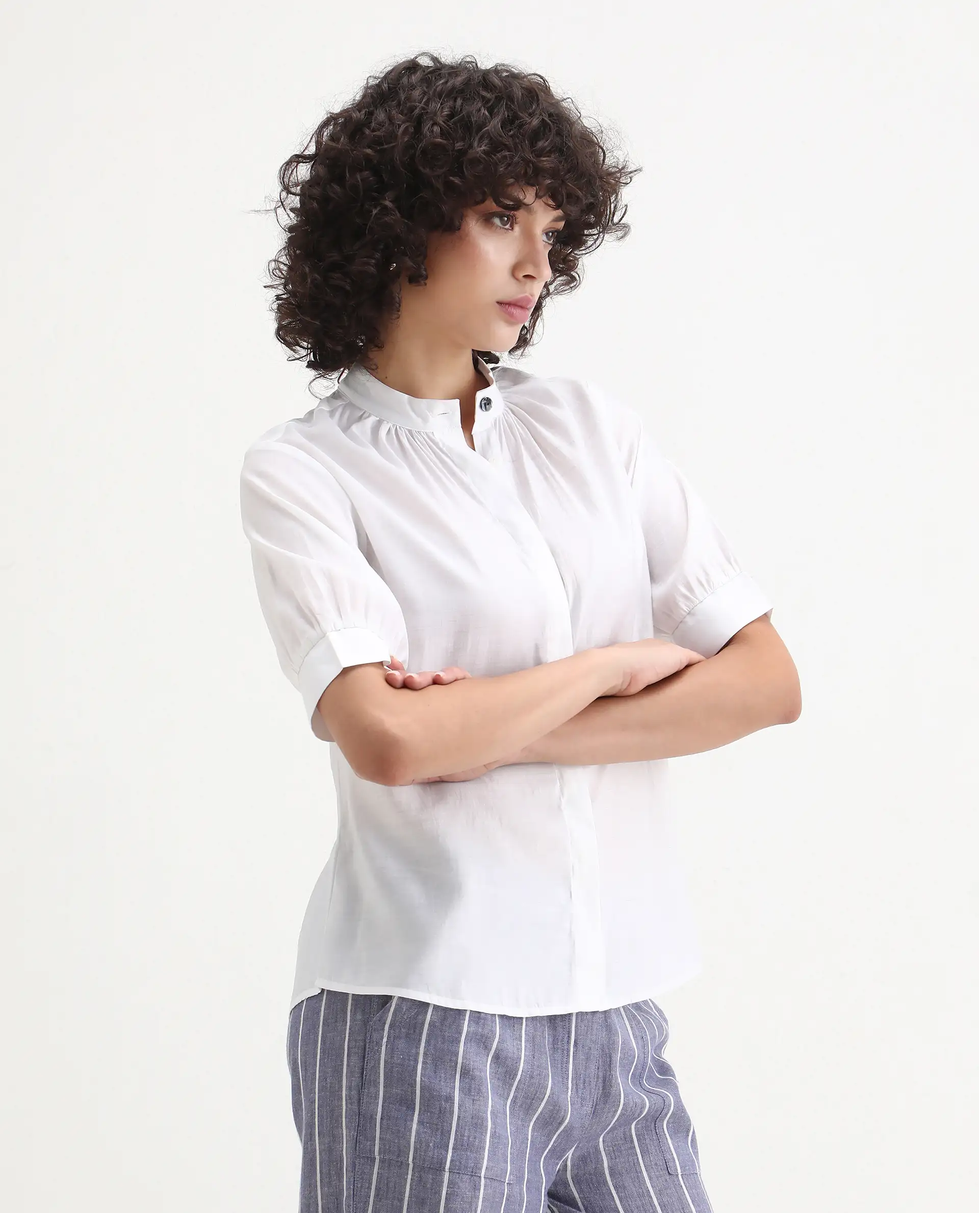 Rareism Women's Breen White Polyester Mandarin Collar Plain Bishop Sleeve Regular Fit Top - Image 5