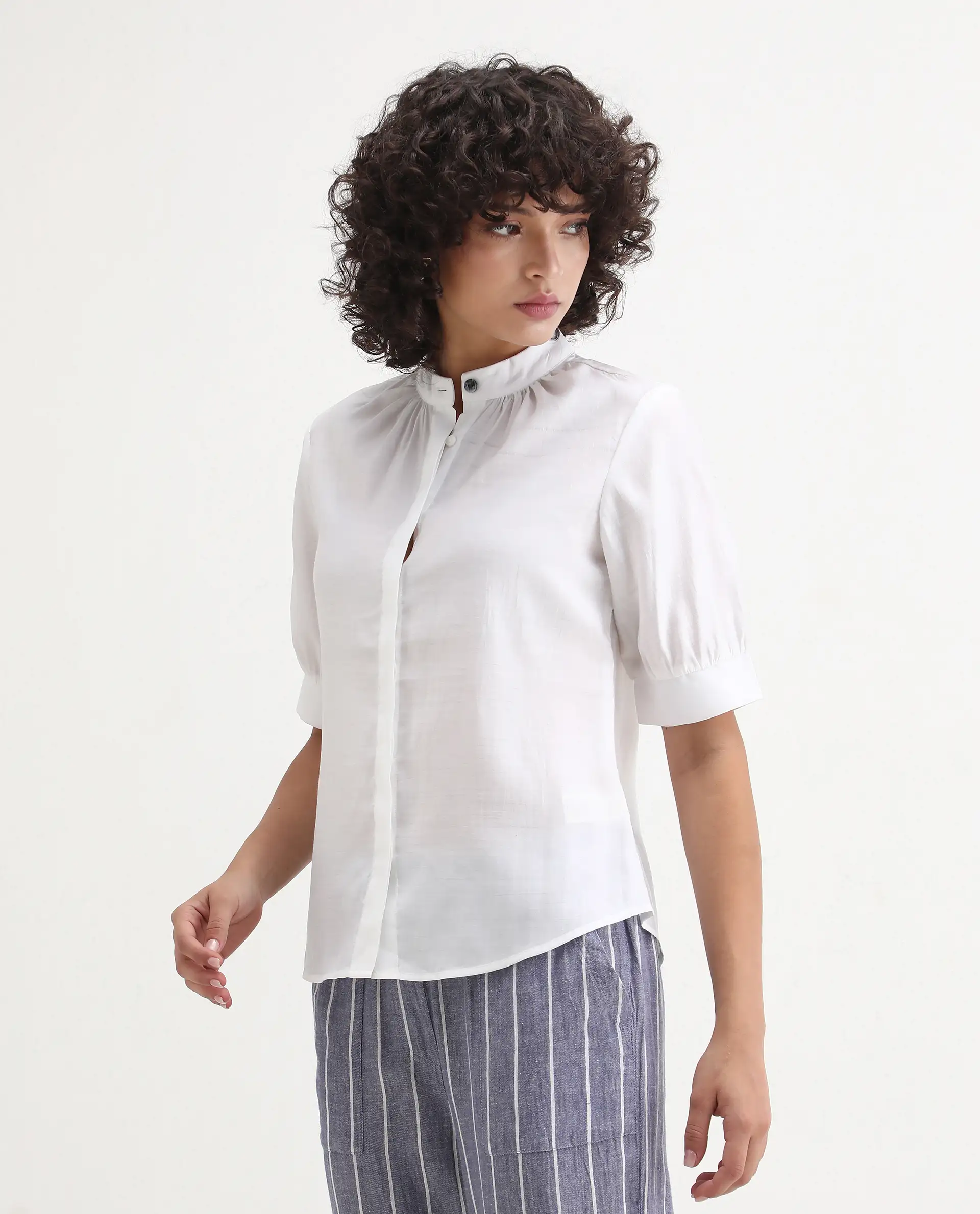 Rareism Women's Breen White Polyester Mandarin Collar Plain Bishop Sleeve Regular Fit Top - Image 6