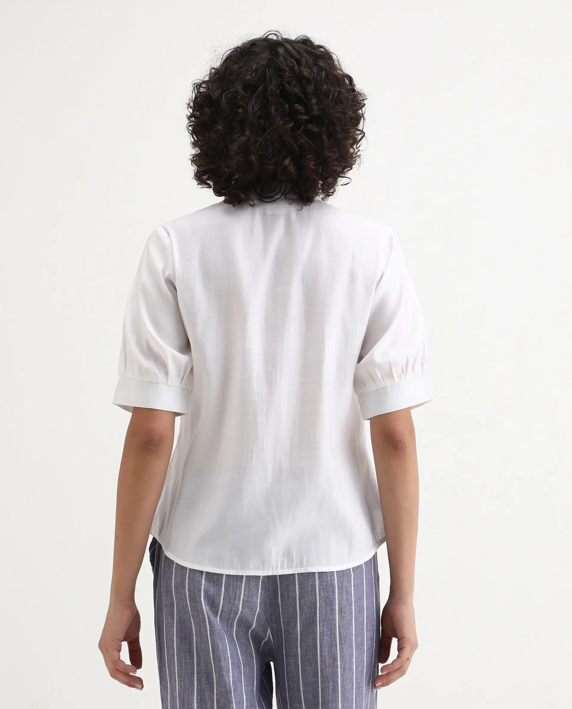 Rareism Women's Breen White Polyester Mandarin Collar Plain Bishop Sleeve Regular Fit Top - Image 7