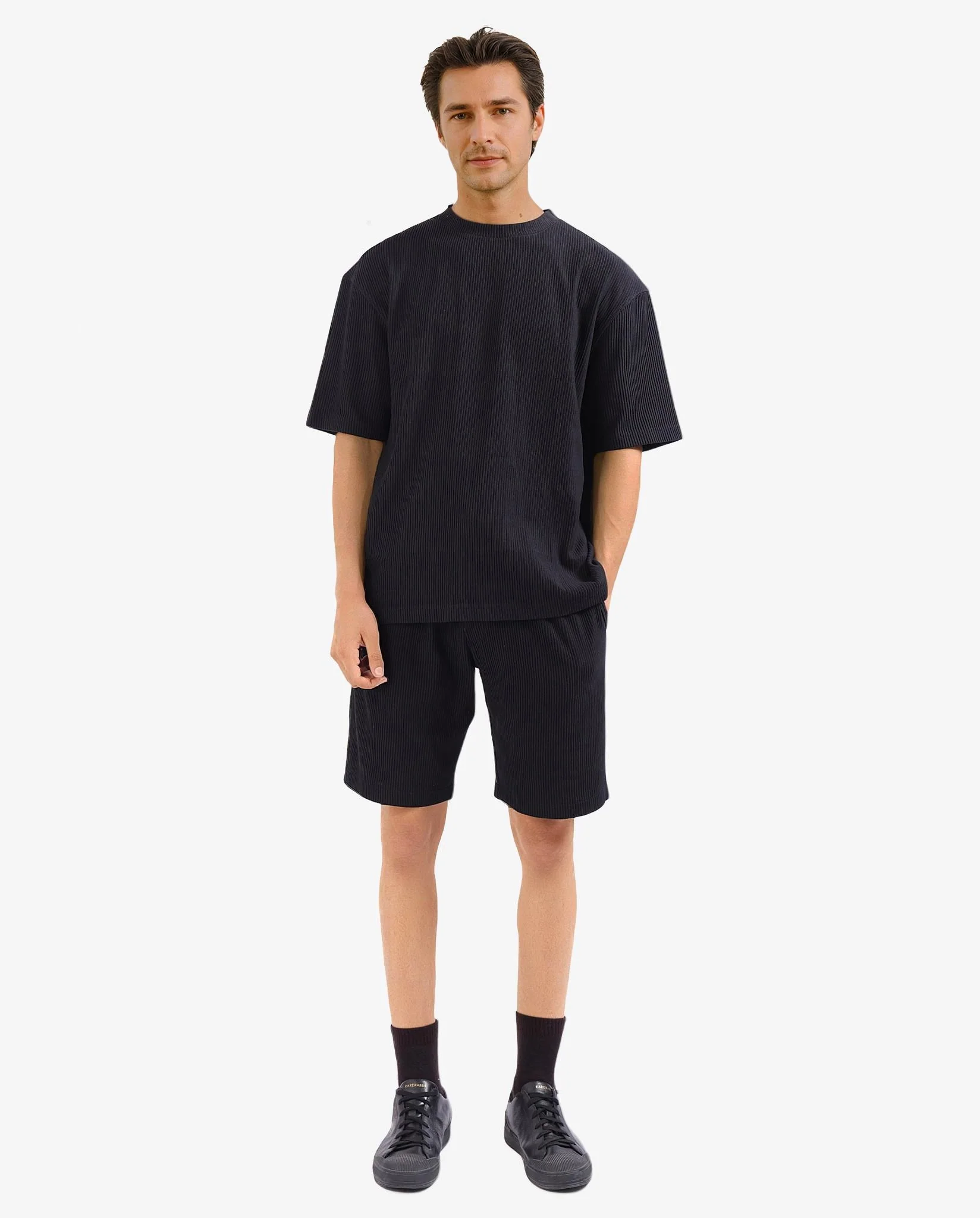 Rare Rabbit Men's Breet-1 Black Cotton Blend Textured Oversized Fit Half Sleeve Crew Neck T-Shirt - Image 3