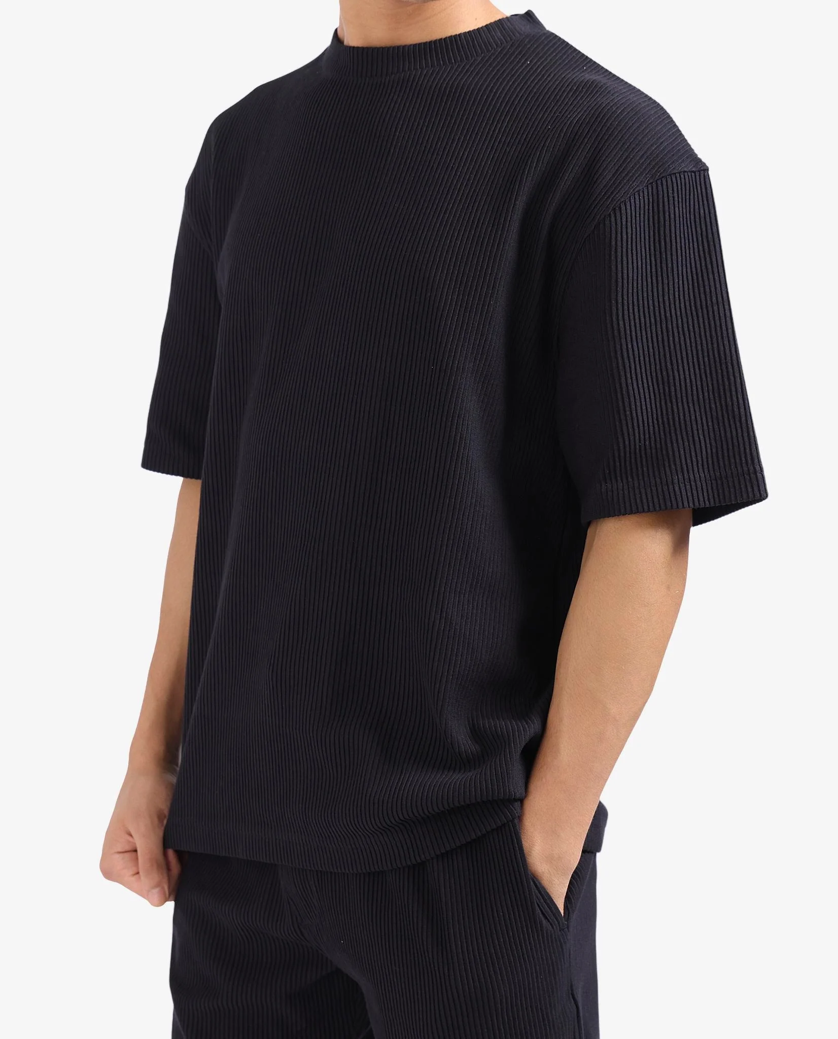Rare Rabbit Men's Breet-1 Black Cotton Blend Textured Oversized Fit Half Sleeve Crew Neck T-Shirt - Image 4