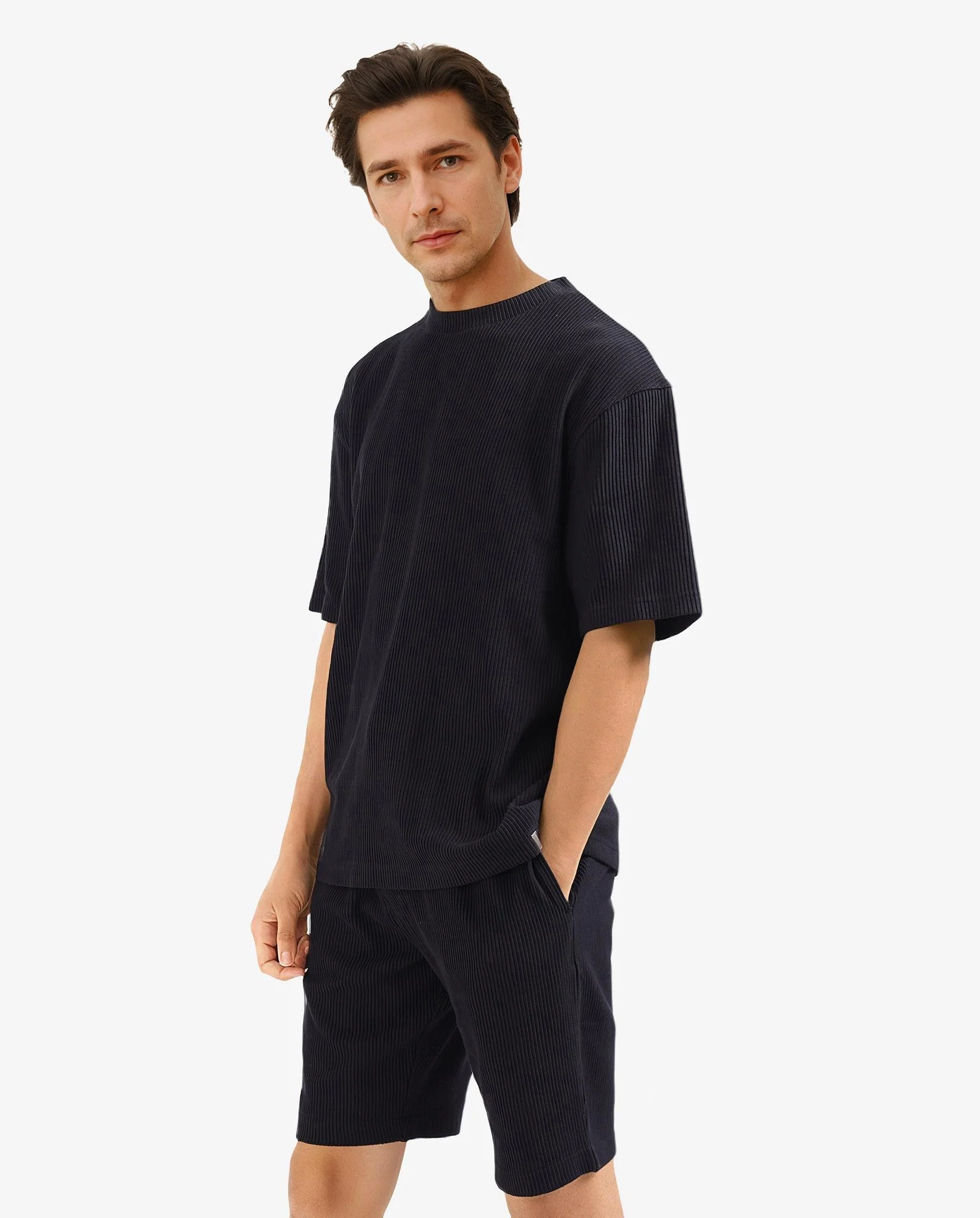 Rare Rabbit Men's Breet-1 Black Cotton Blend Textured Oversized Fit Half Sleeve Crew Neck T-Shirt - Image 5
