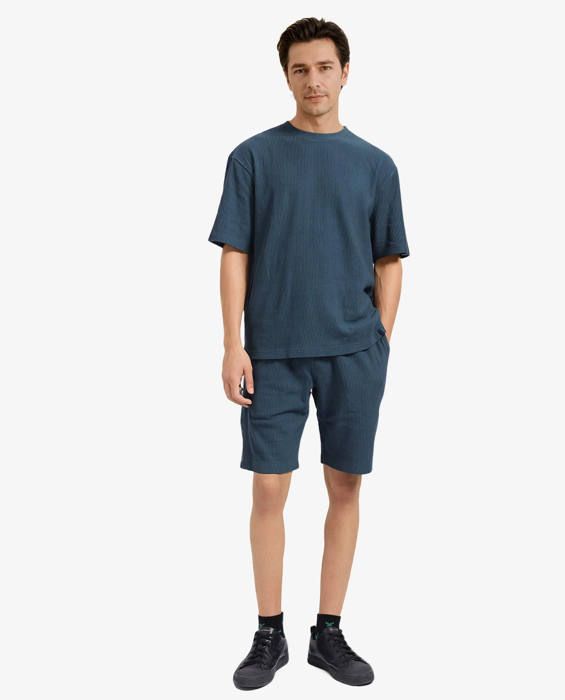 Rare Rabbit Men's Breet-1 Dark Green Cotton Blend Textured Oversized Fit Half Sleeve Crew Neck T-Shirt - Image 2