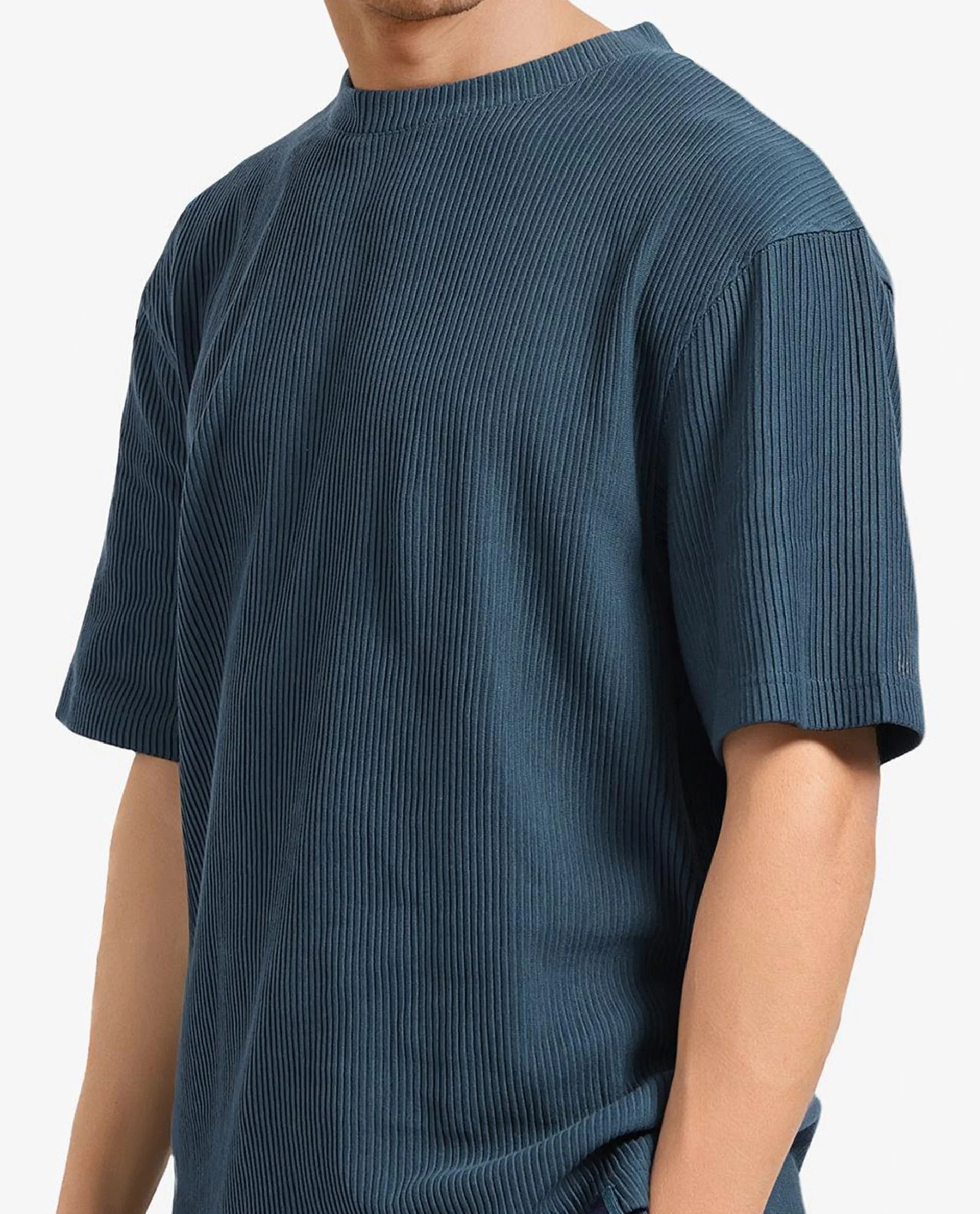 Rare Rabbit Men's Breet-1 Dark Green Cotton Blend Textured Oversized Fit Half Sleeve Crew Neck T-Shirt - Image 4